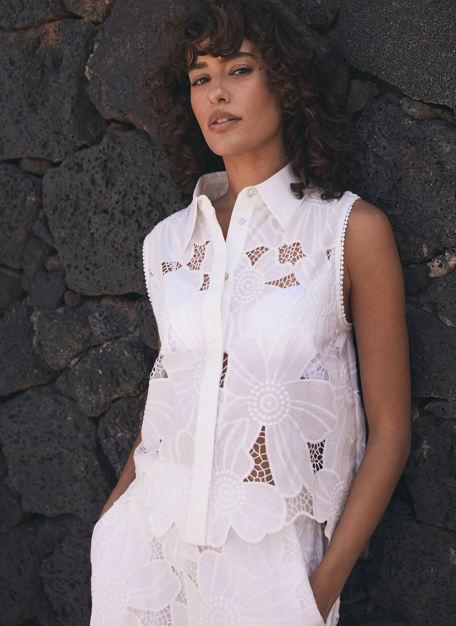 White Floral Lace Cotton Shirt sold by Mint Velvet product image thumbnail 5