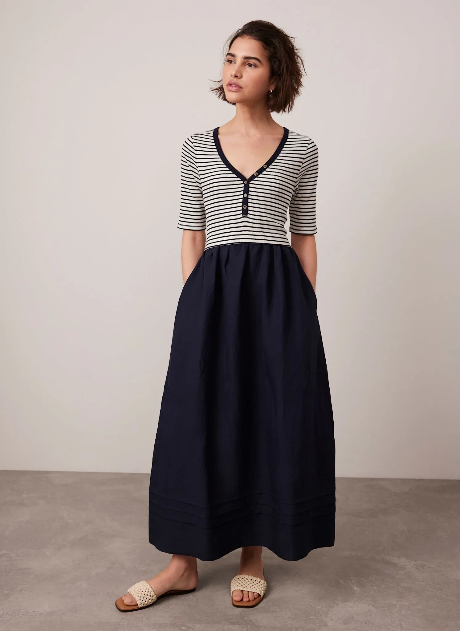 Navy Striped Woven Mix Midi Dress sold by Mint Velvet product image thumbnail 5