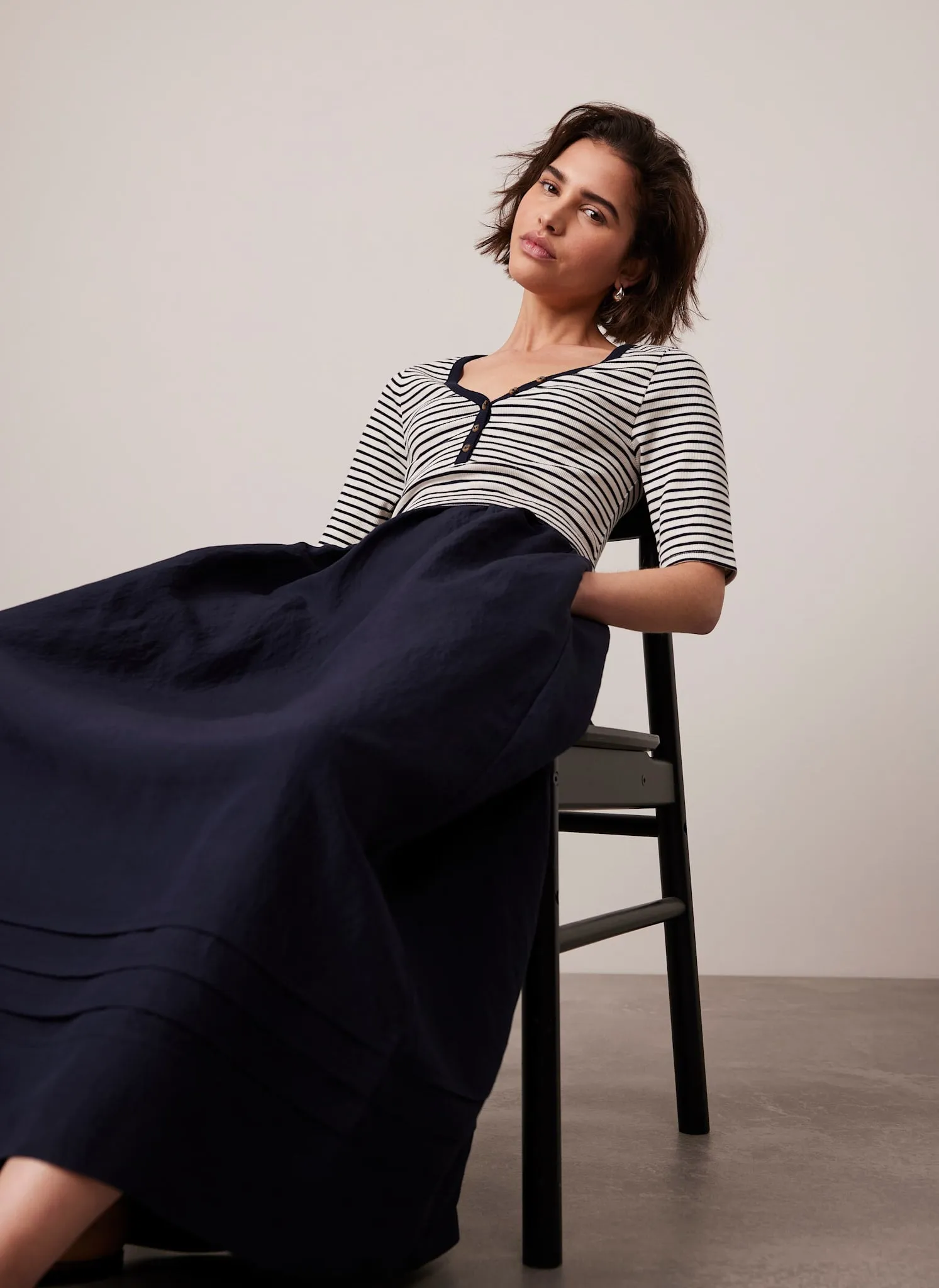 Navy Striped Woven Mix Midi Dress sold by Mint Velvet