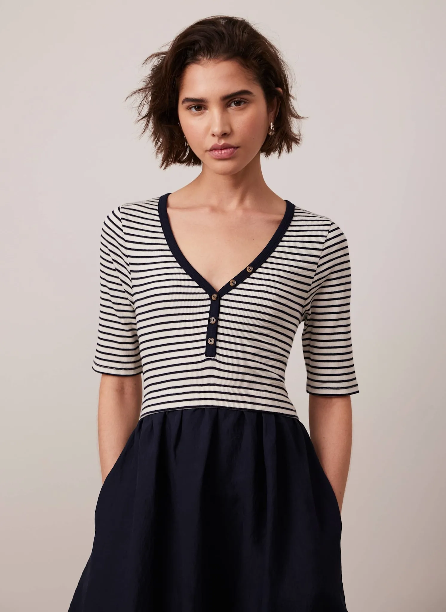 Navy Striped Woven Mix Midi Dress sold by Mint Velvet product image thumbnail 4