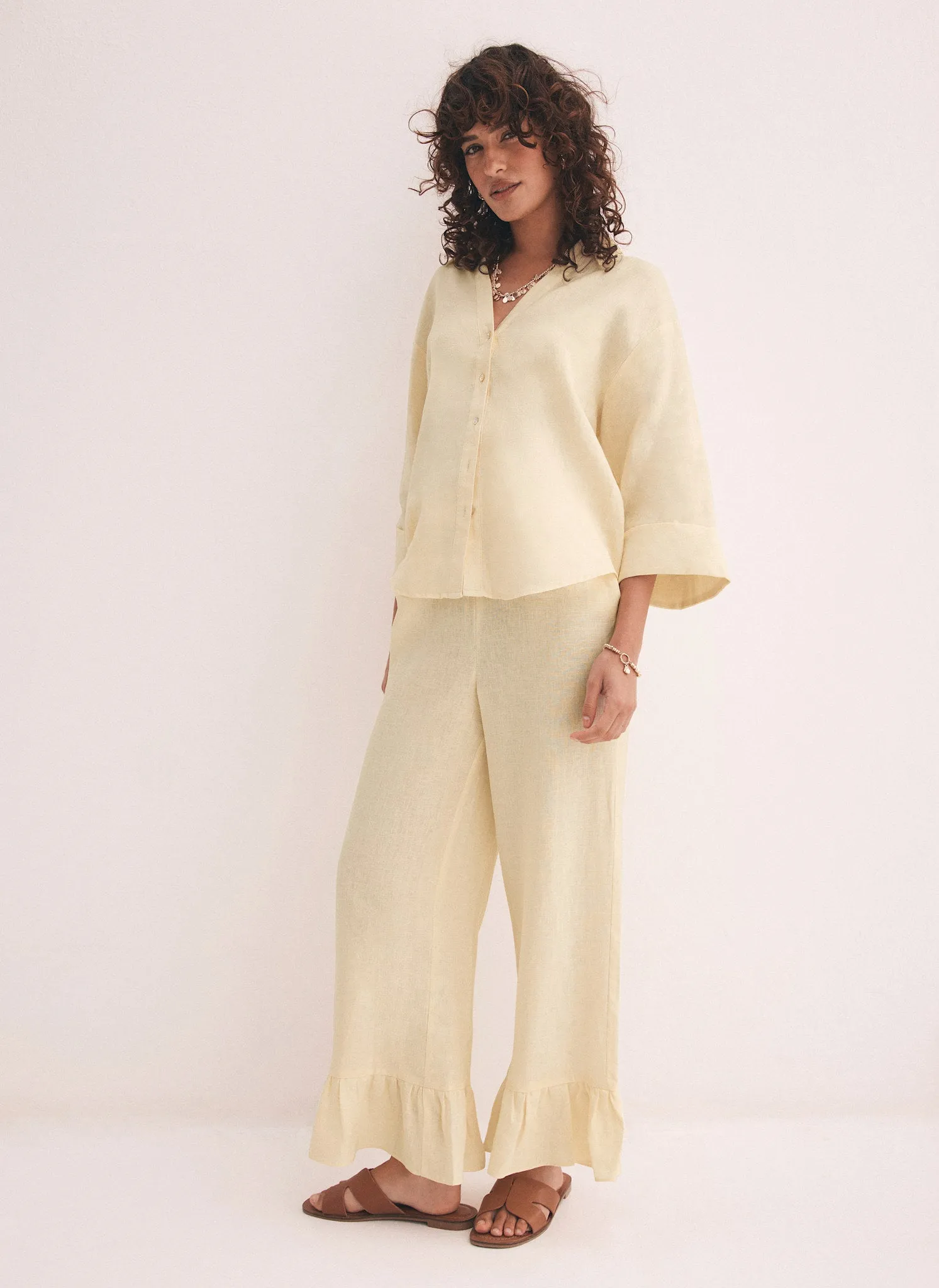 Yellow Linen Wide Ruffle Trousers sold by Mint Velvet product image thumbnail 5