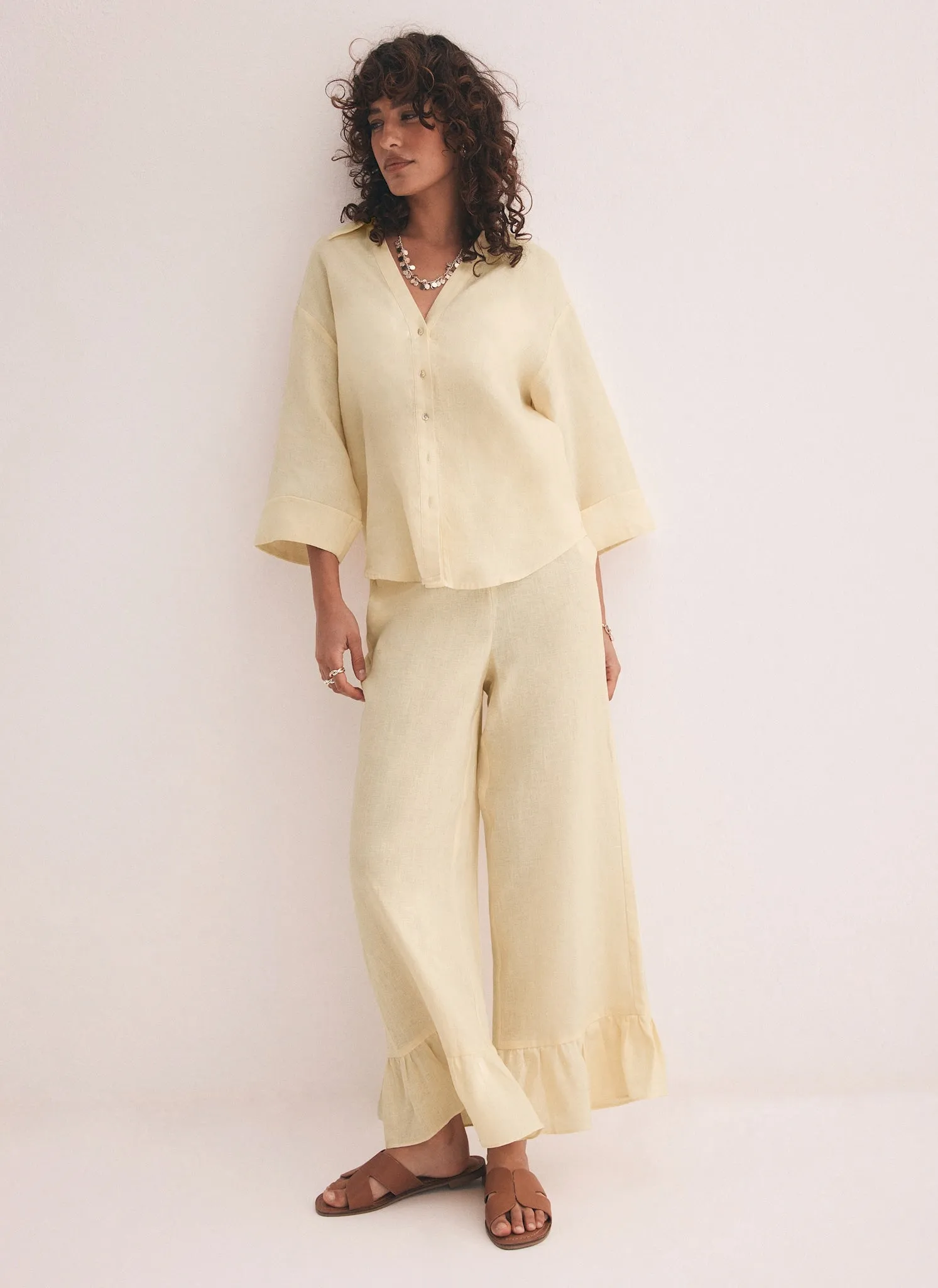 Yellow Linen Wide Ruffle Trousers sold by Mint Velvet product image thumbnail 3