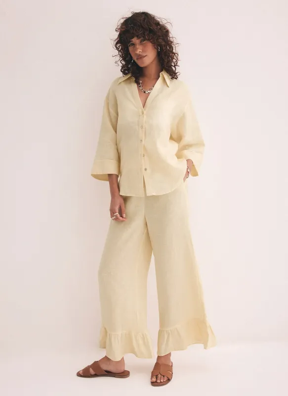 Yellow Linen Wide Ruffle Trousers sold by Mint Velvet