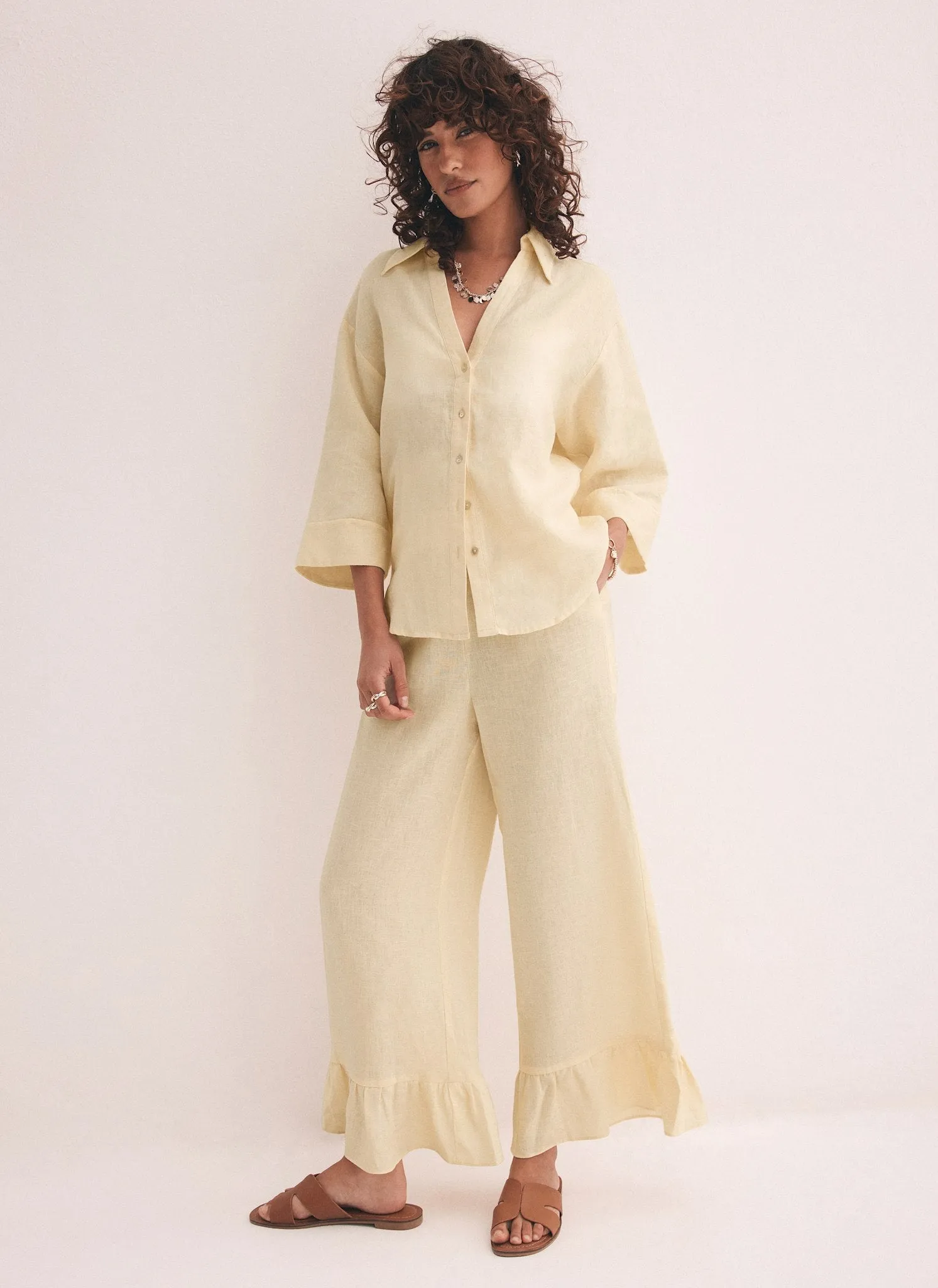Yellow Linen Wide Ruffle Trousers sold by Mint Velvet