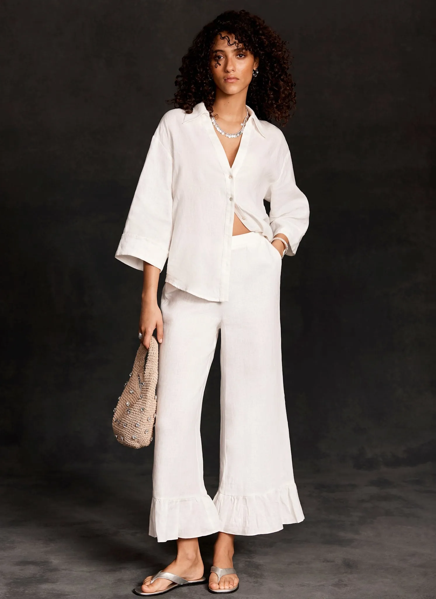 White Linen Wide Ruffle Trousers sold by Mint Velvet