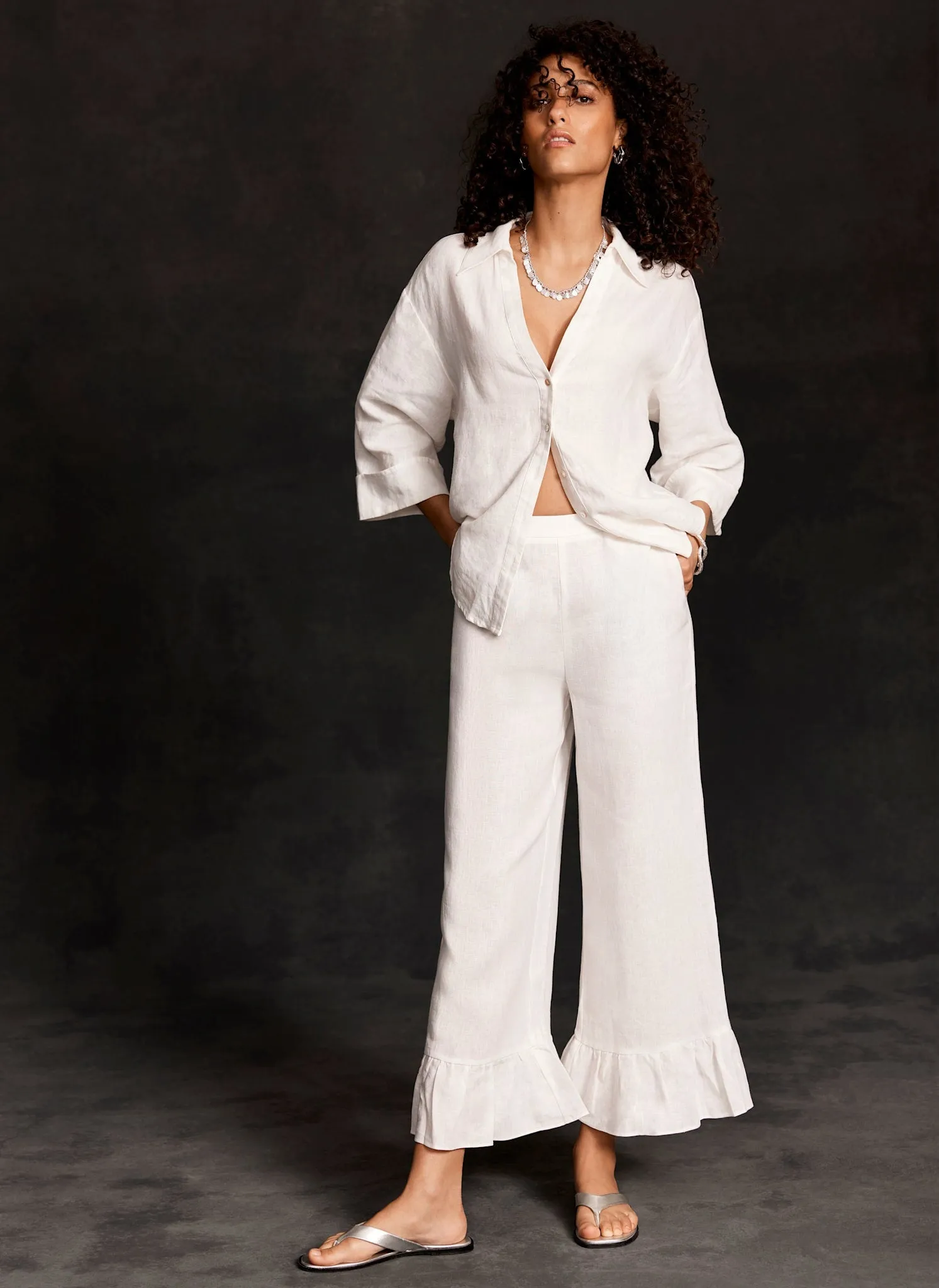 White Linen Wide Ruffle Trousers sold by Mint Velvet product image thumbnail 2