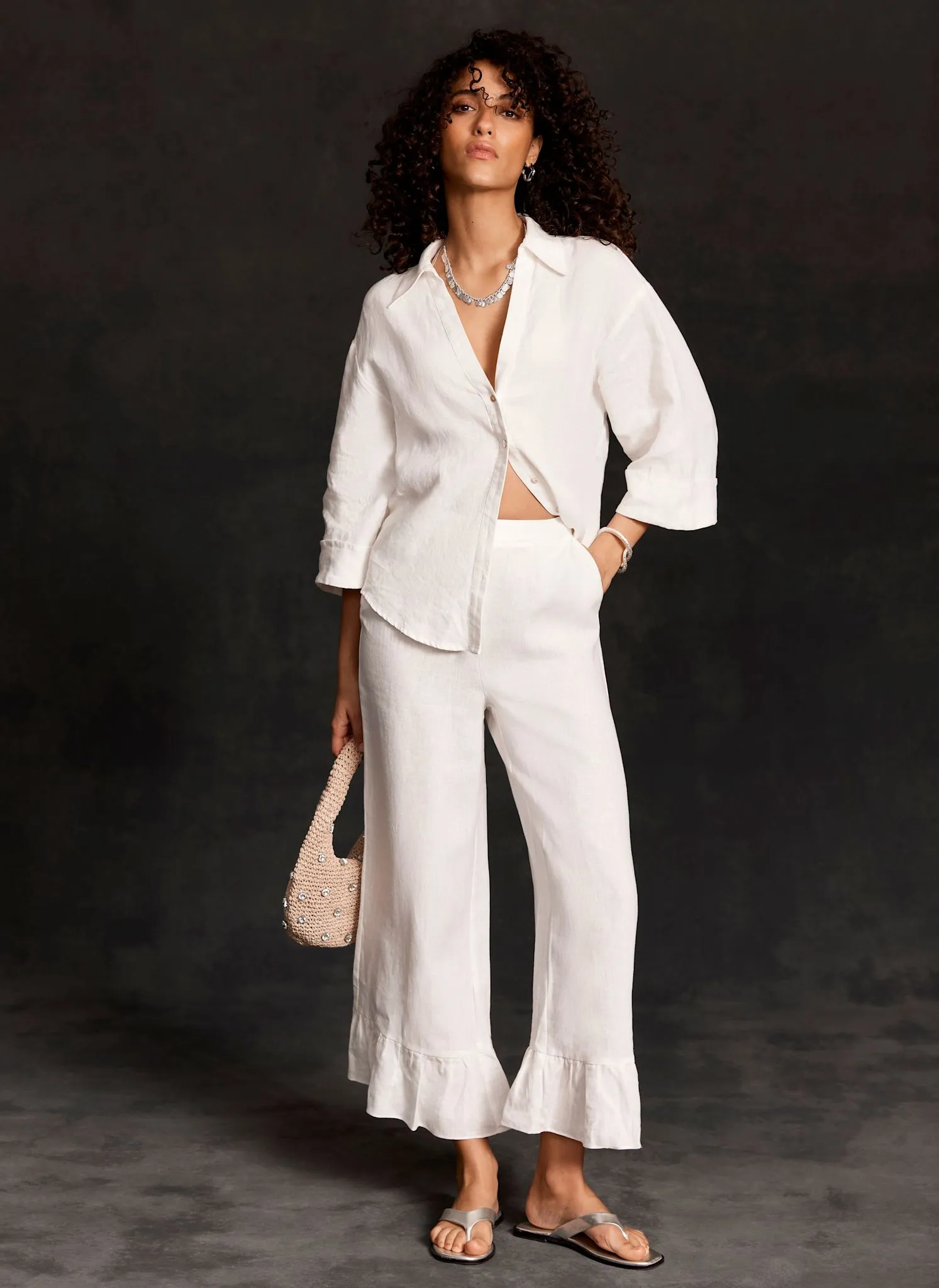 White Linen Wide Ruffle Trousers sold by Mint Velvet product image thumbnail 4