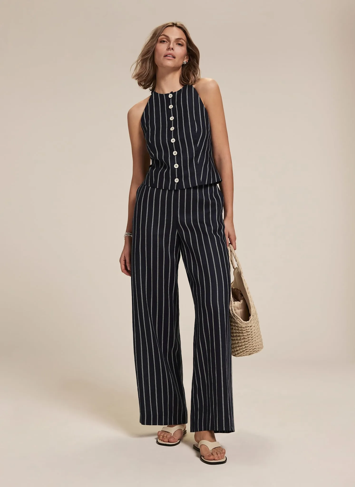 Navy Linen Striped Wide Trousers sold by Mint Velvet product image thumbnail 2