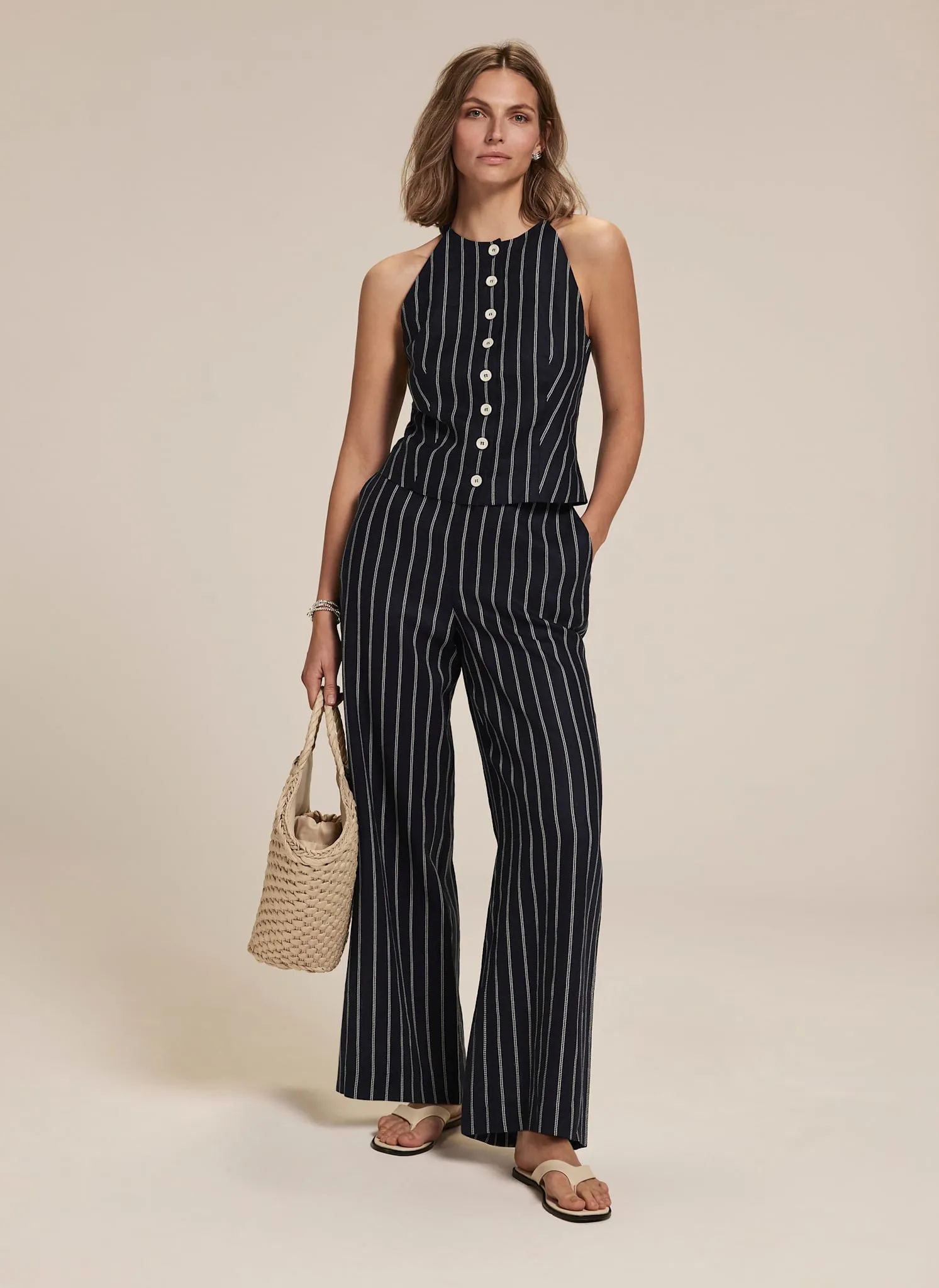 Navy Linen Striped Wide Trousers sold by Mint Velvet product image thumbnail 5
