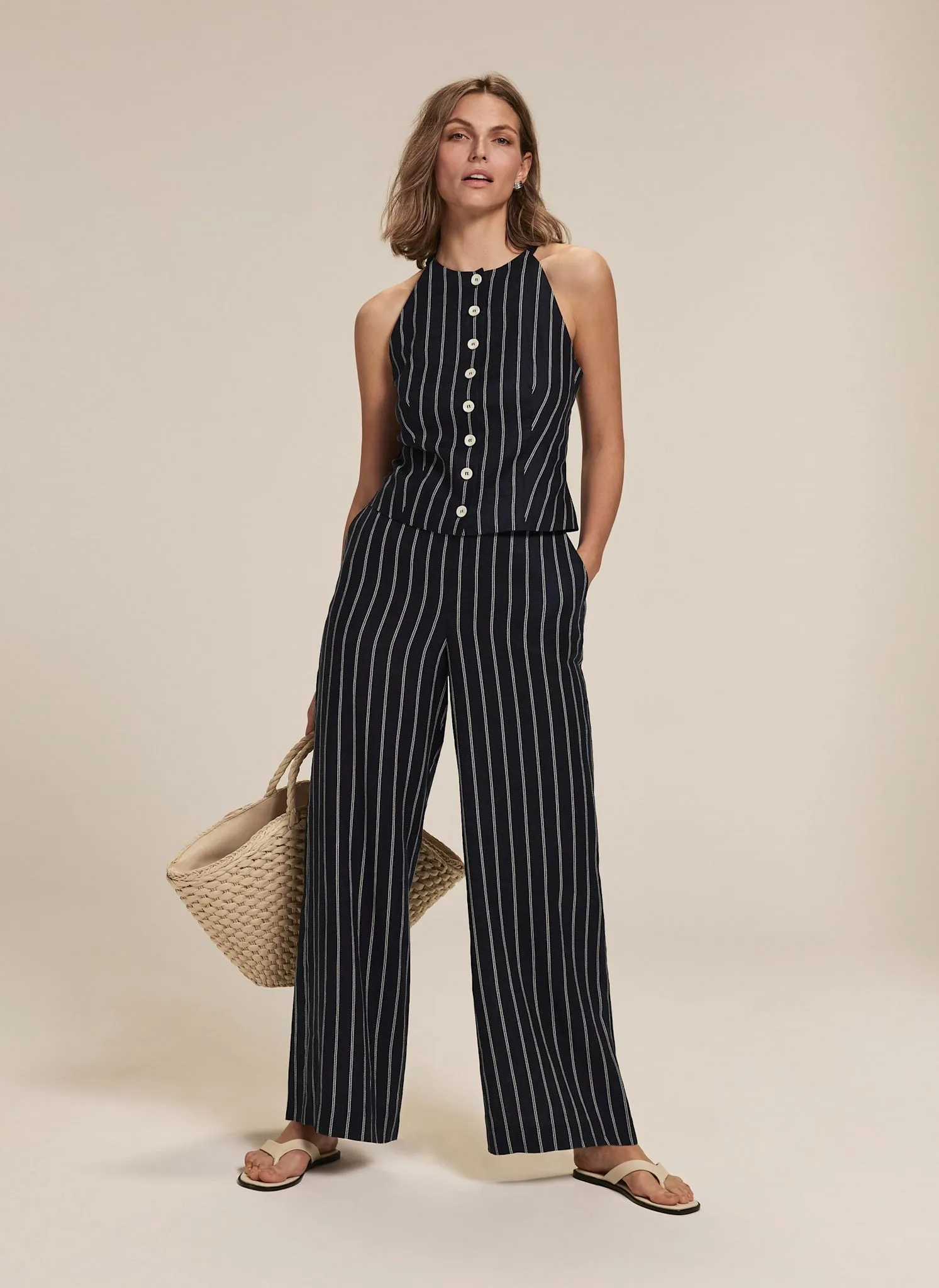 Navy Linen Striped Wide Trousers sold by Mint Velvet