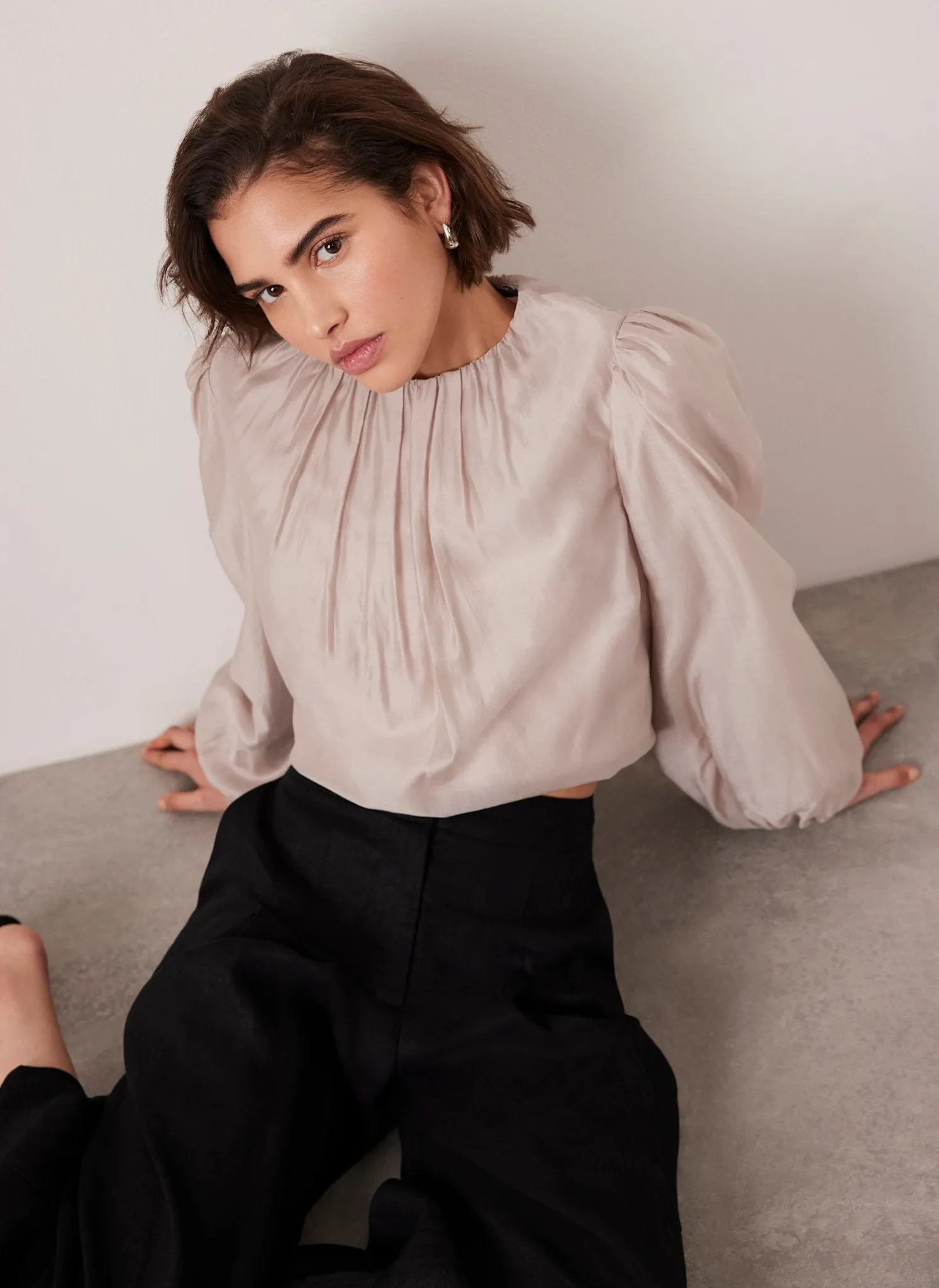 Neutral Sheer Puff Sleeve Blouse sold by Mint Velvet