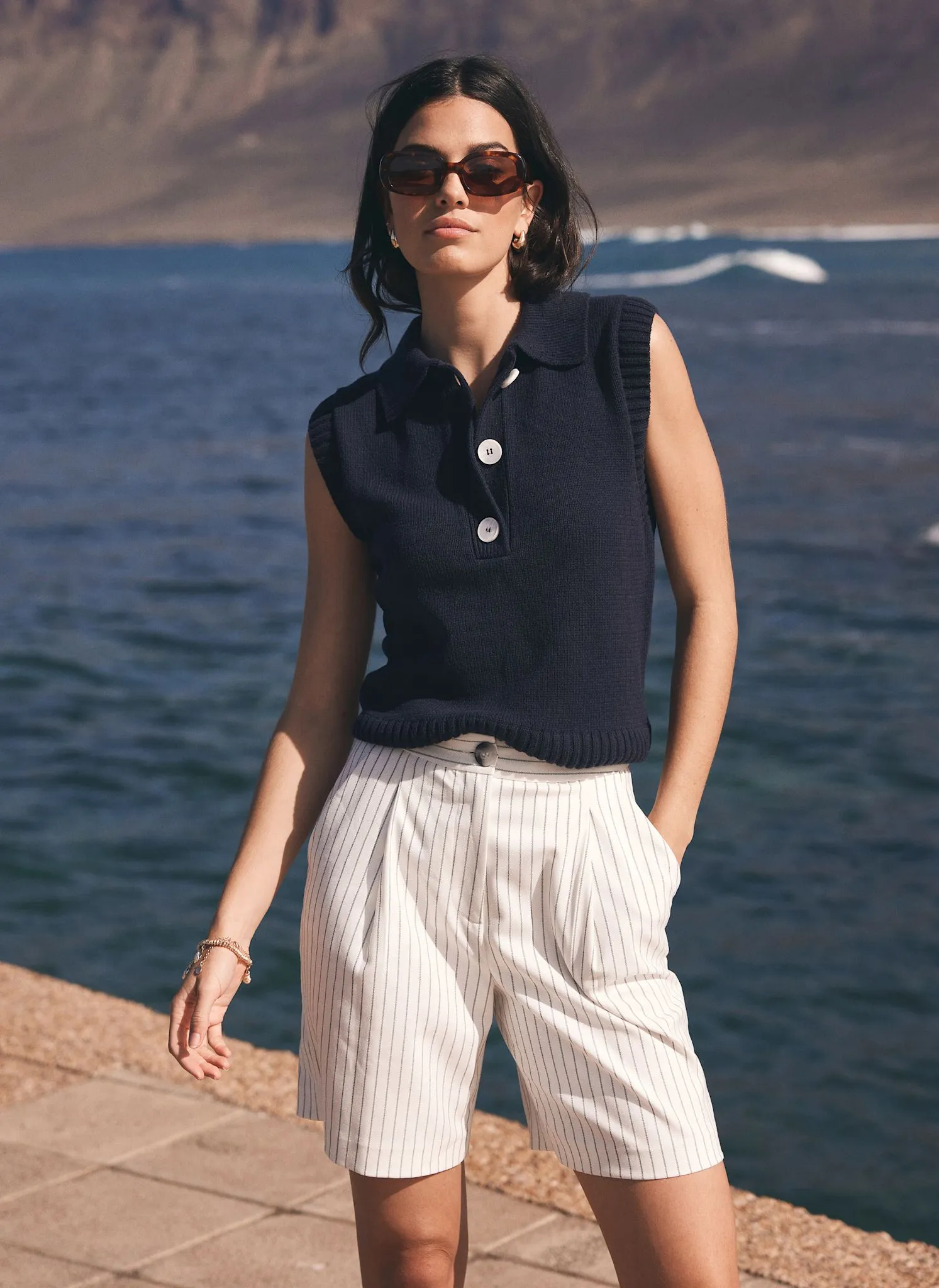 Navy Cotton Knit Polo Top sold by Mint Velvet