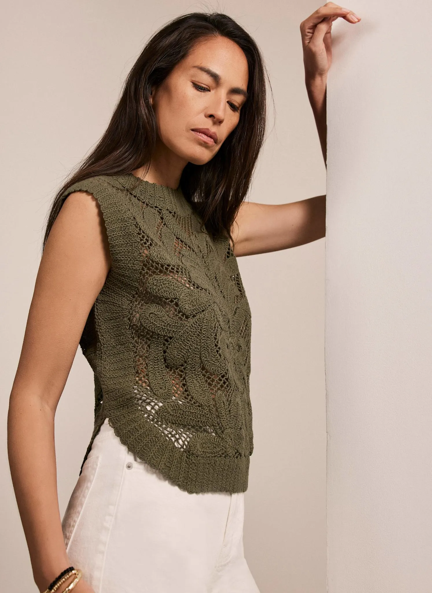 Khaki Cotton Crochet Top sold by Mint Velvet