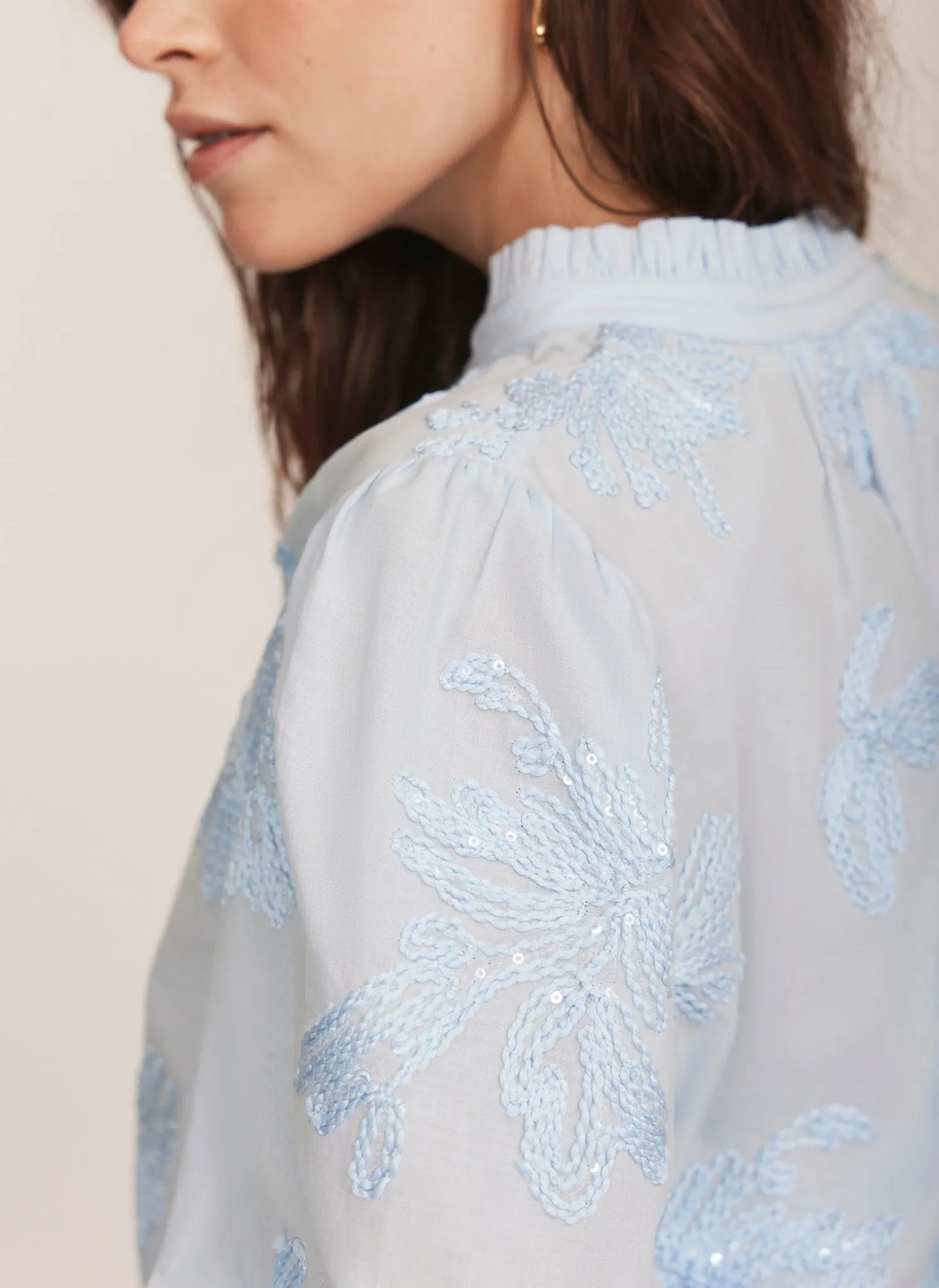 Blue Floral Cotton Sequin Blouse sold by Mint Velvet product image thumbnail 3