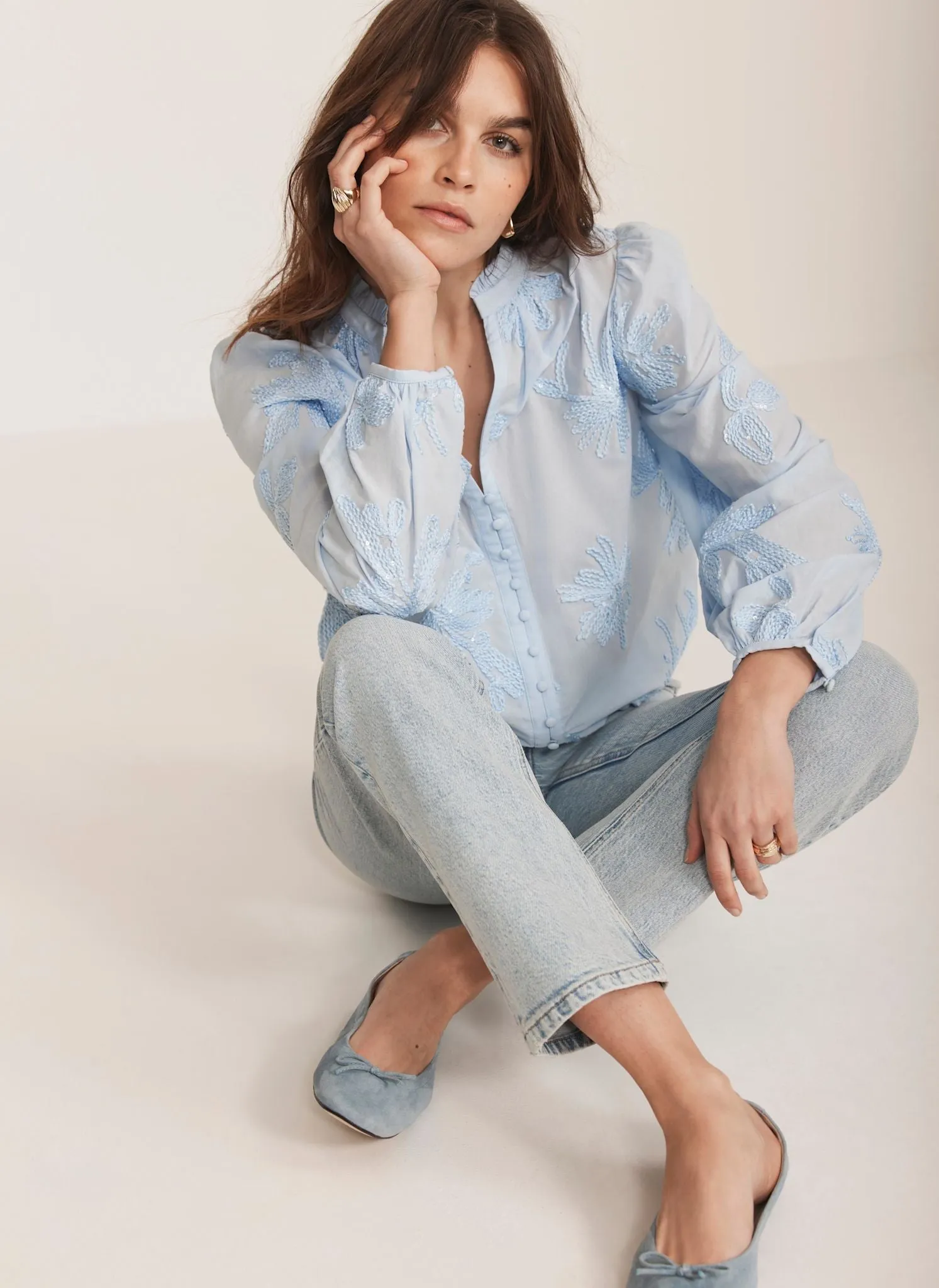 Blue Floral Cotton Sequin Blouse sold by Mint Velvet product image thumbnail 4