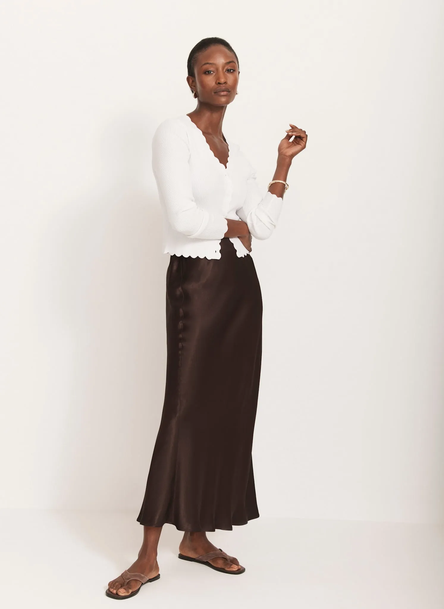 Brown Satin Slip Midi Skirt sold by Mint Velvet