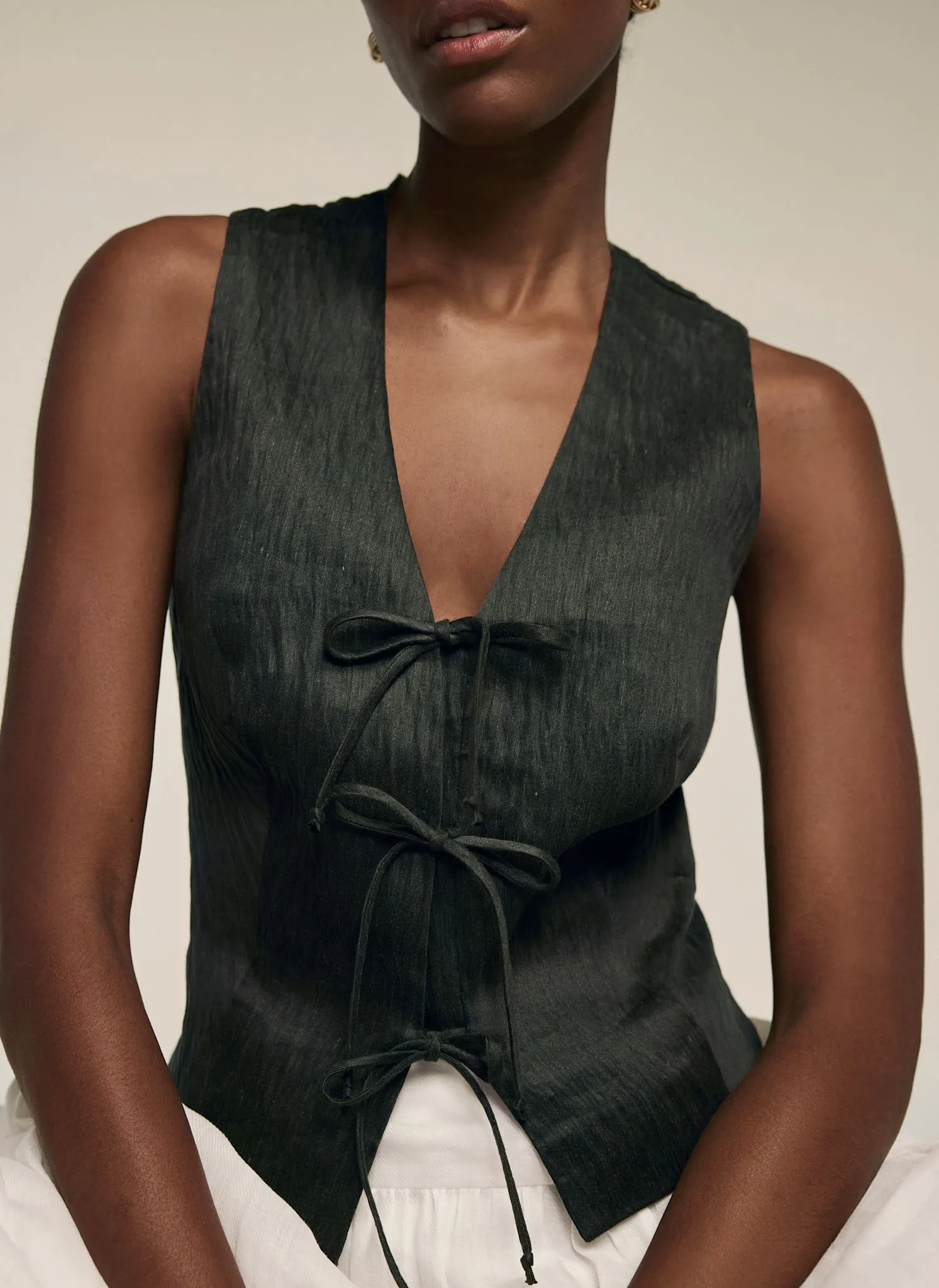 Khaki Linen Tie Front Waistcoat sold by Mint Velvet product image thumbnail 3