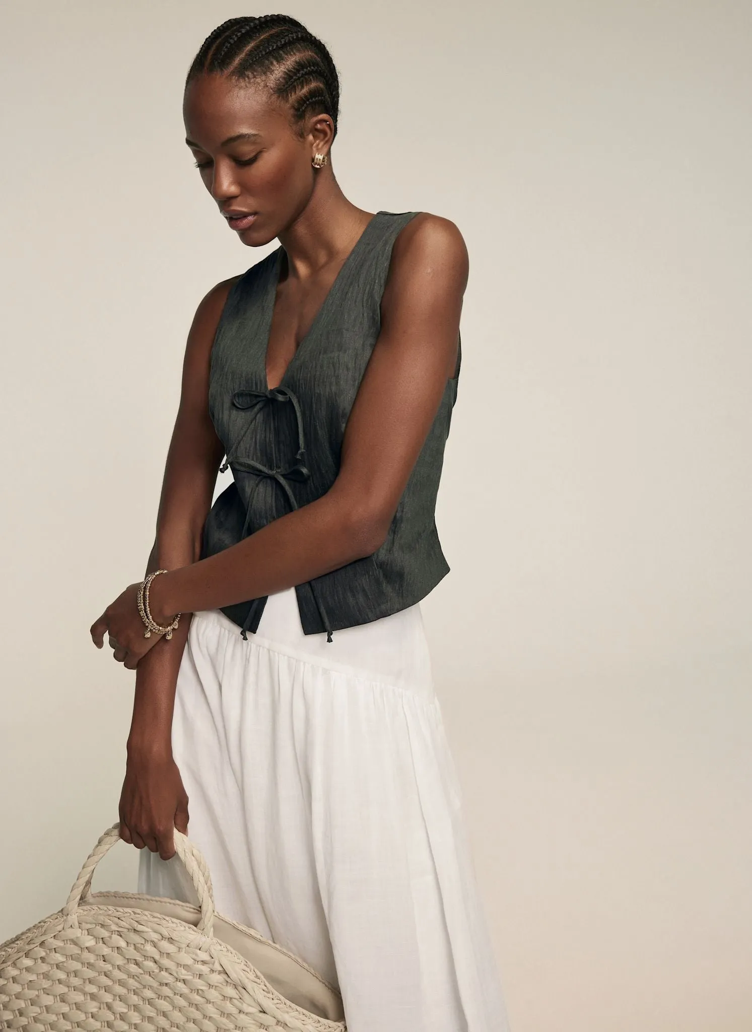 Khaki Linen Tie Front Waistcoat sold by Mint Velvet product image thumbnail 5