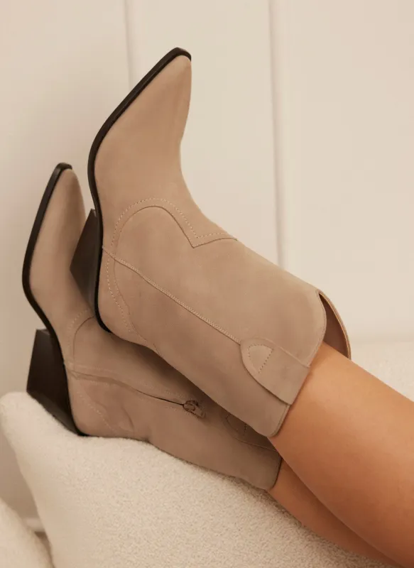Annie Neutral Suede Cowboy Boots sold by Mint Velvet