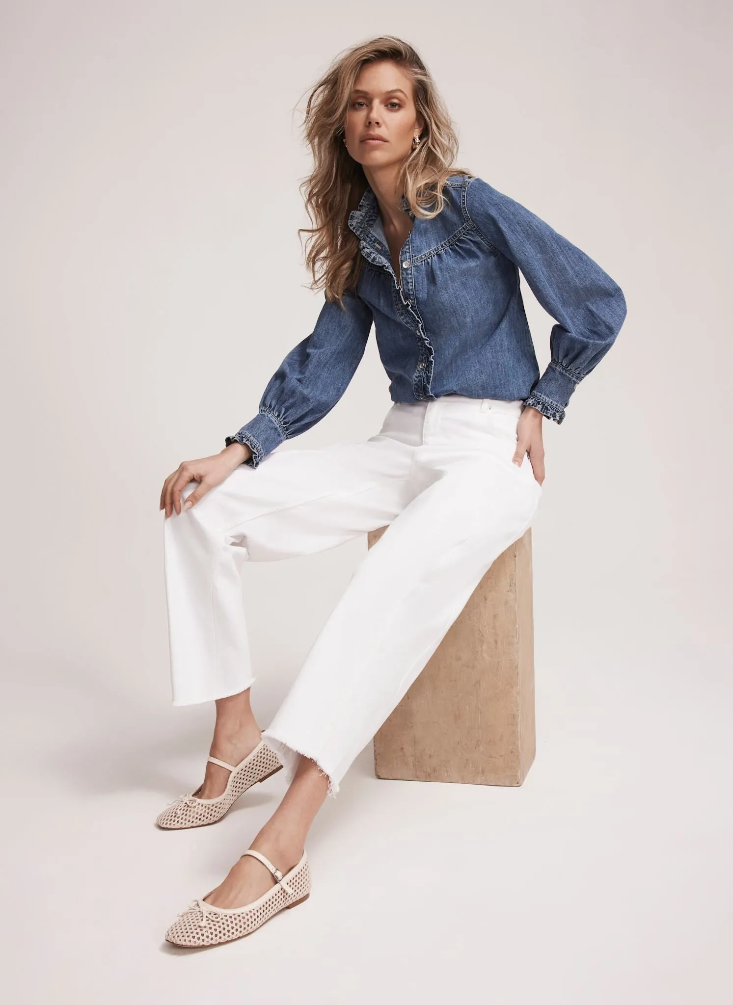 Indigo Ruffle Denim Blouse sold by Mint Velvet