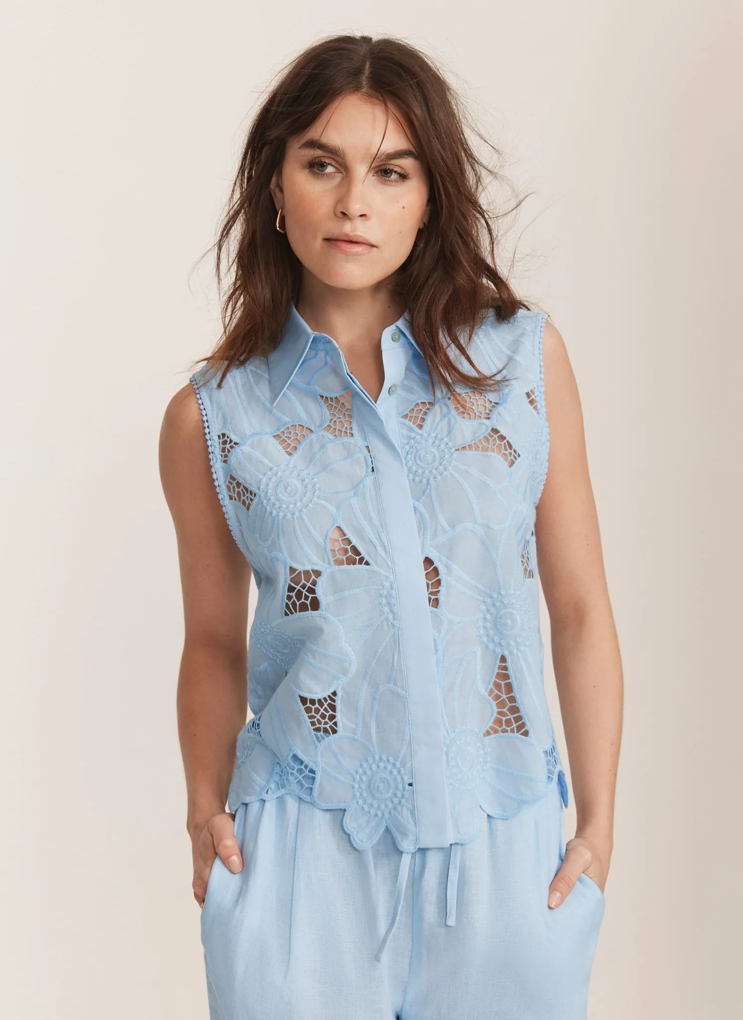 Blue Floral Lace Cotton Shirt sold by Mint Velvet product image thumbnail 5