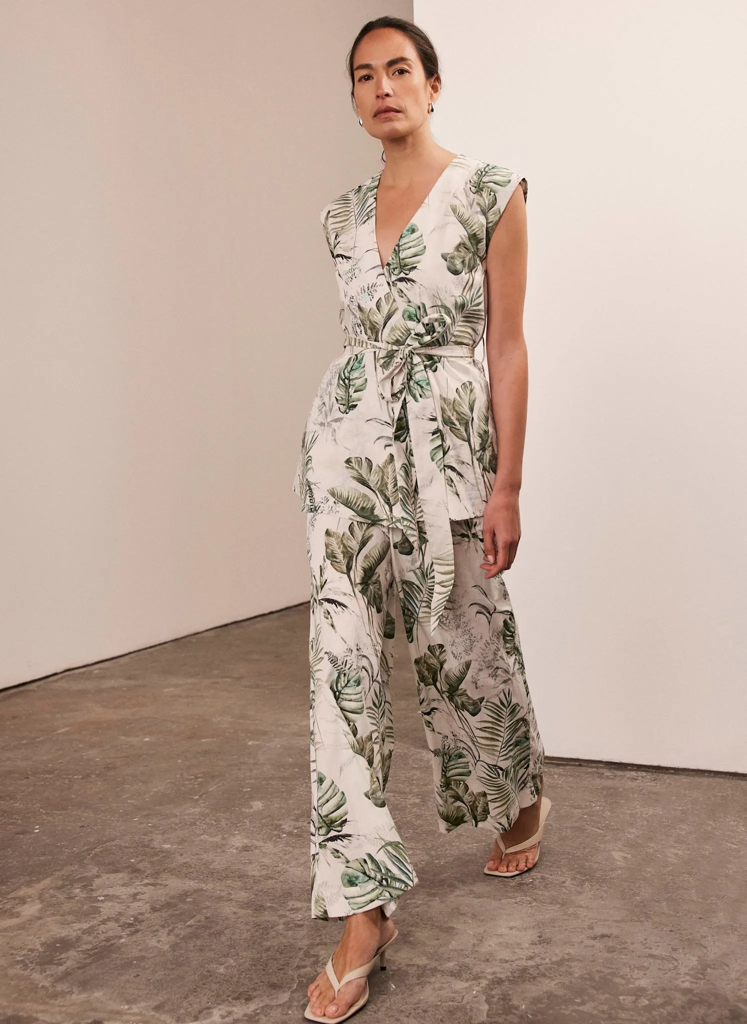 Green Cotton Wide Palm Print Trousers sold by Mint Velvet