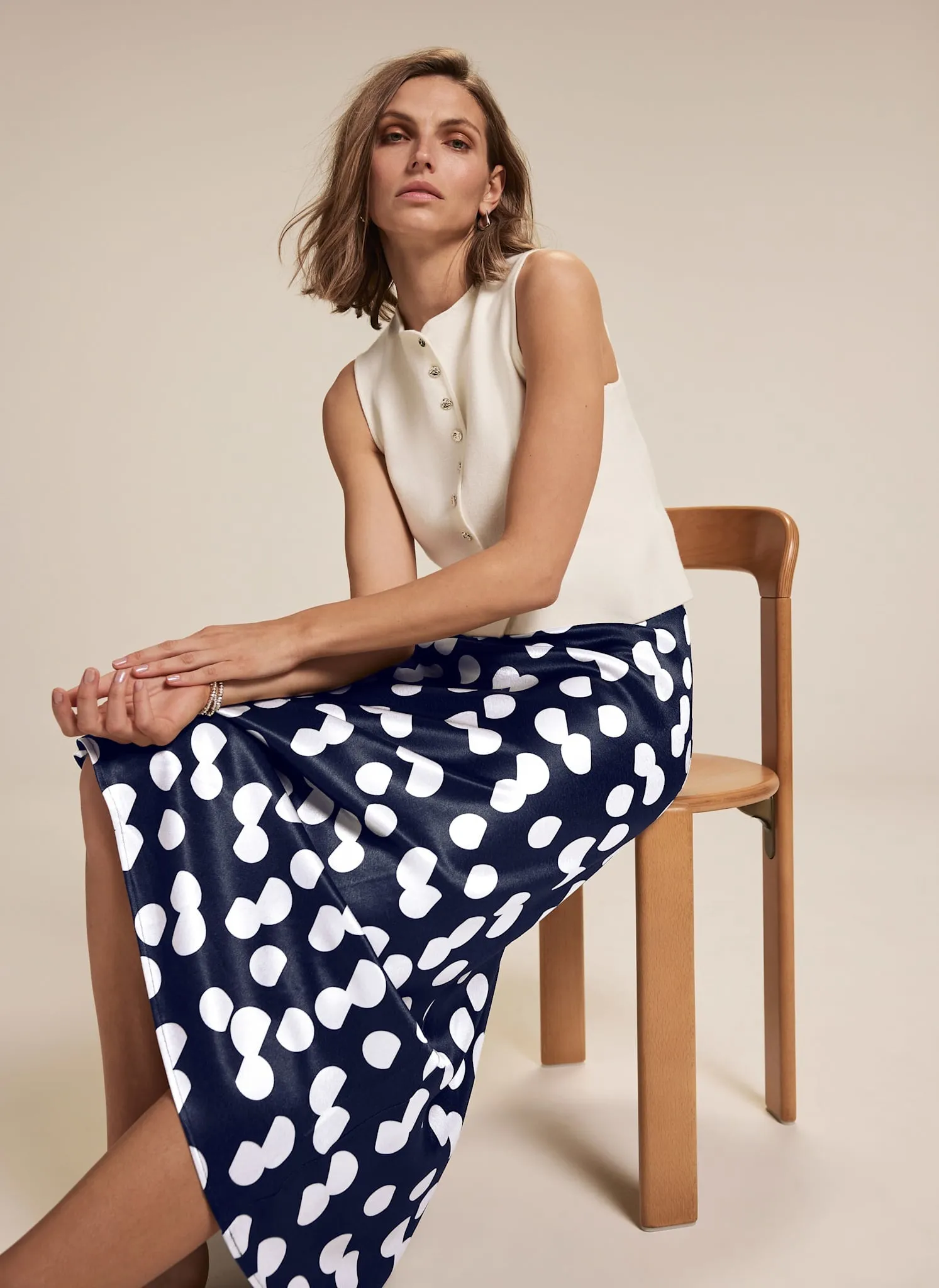 Navy Spot Print Satin Skirt sold by Mint Velvet