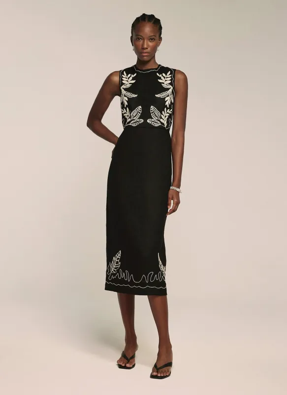 Black Embroidered Linen Midi Dress sold by Mint Velvet