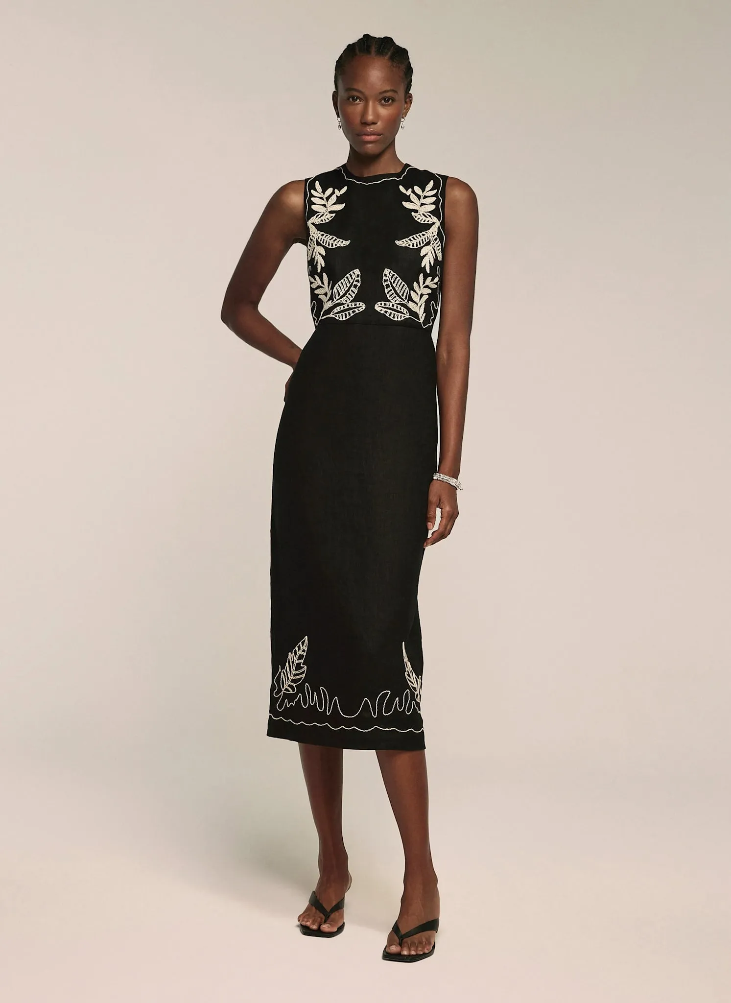 Black Embroidered Linen Midi Dress sold by Mint Velvet