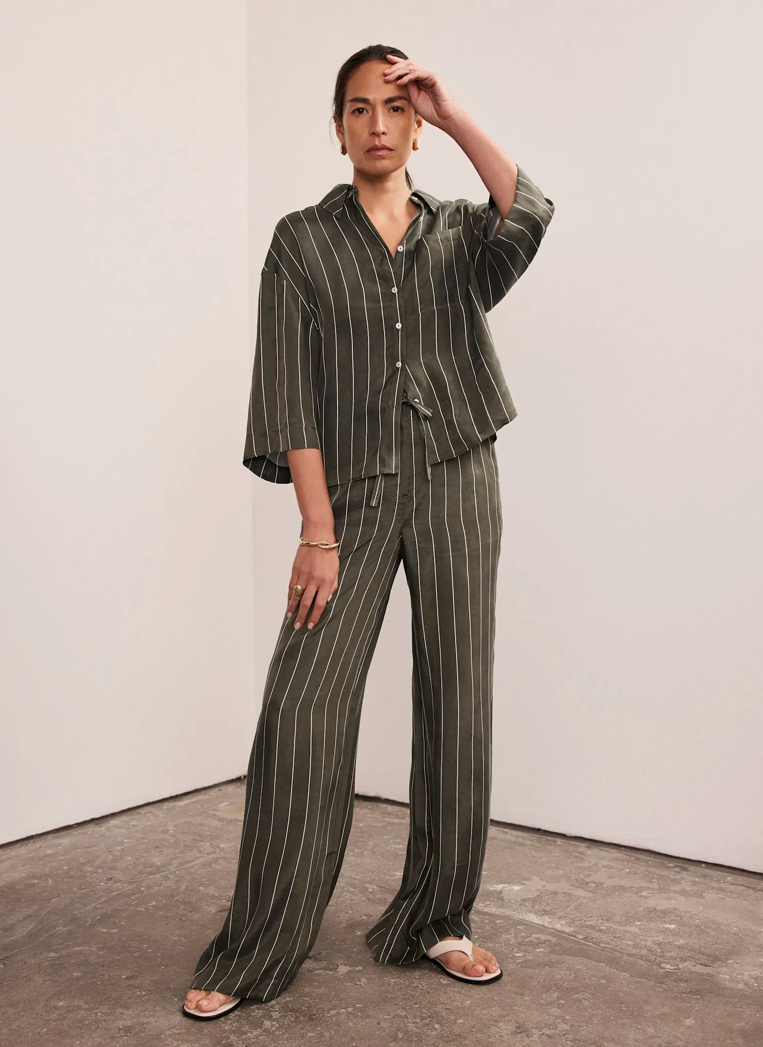 Khaki Striped Wide Trousers sold by Mint Velvet product image thumbnail 5