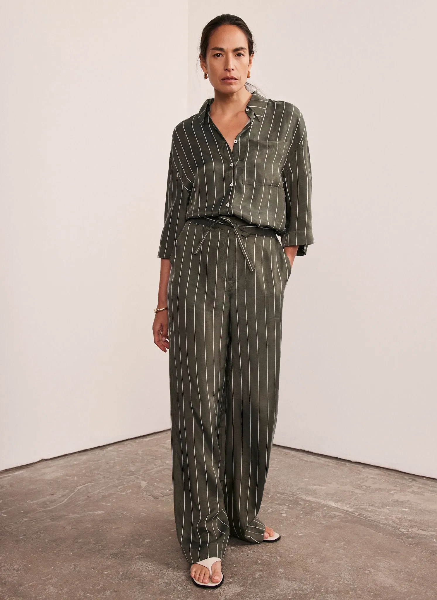 Khaki Striped Wide Trousers sold by Mint Velvet