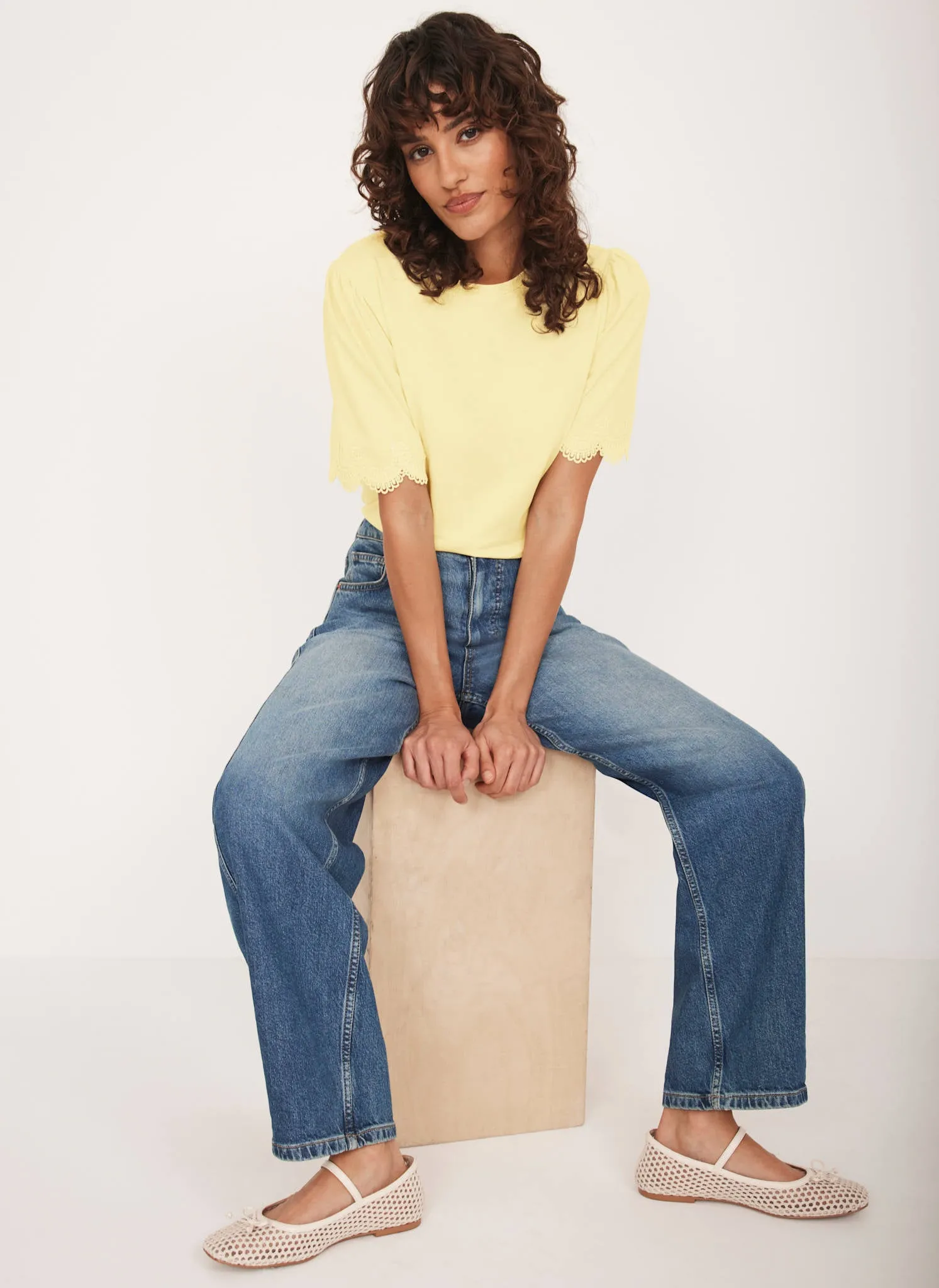 Yellow Cotton Lace Trim T-Shirt sold by Mint Velvet