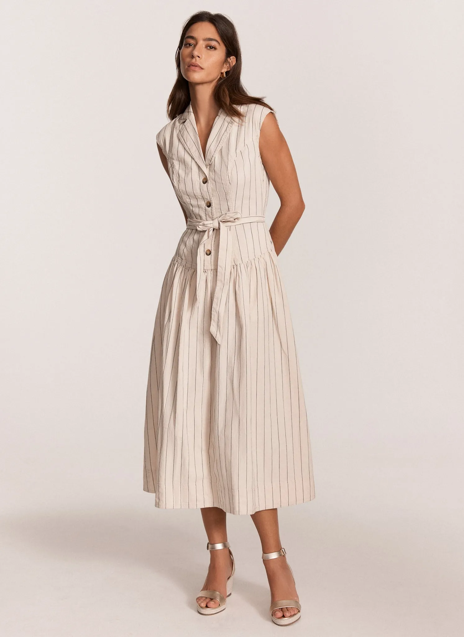 Cream Striped Drop Waist Midi Dress sold by Mint Velvet