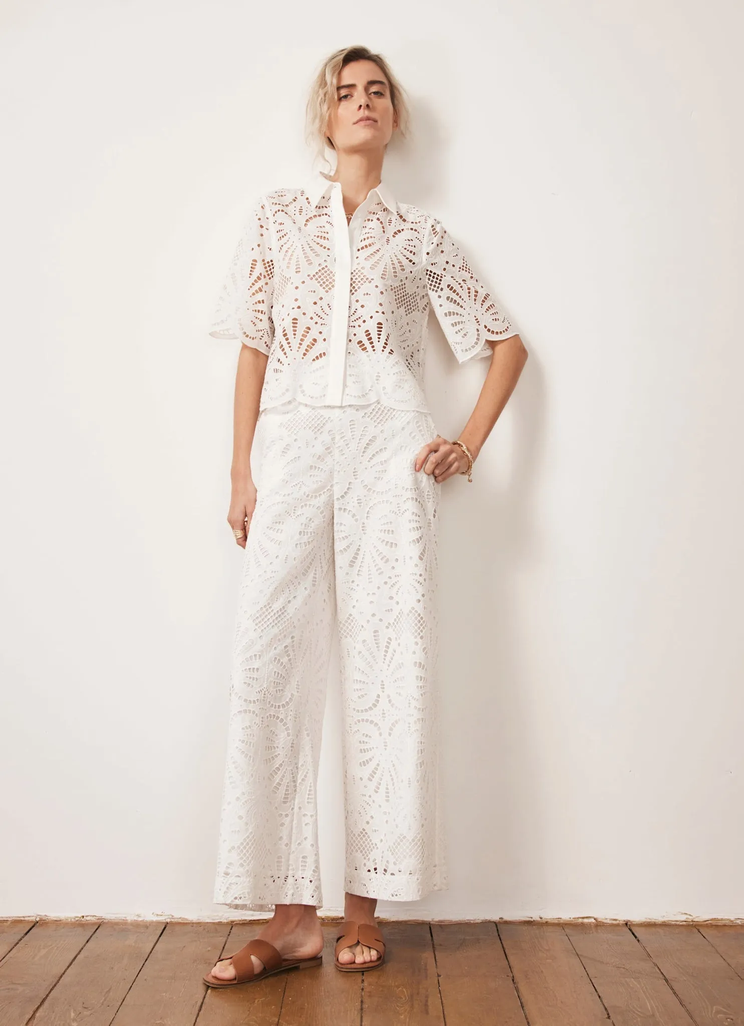 White Broderie Wide Trousers sold by Mint Velvet