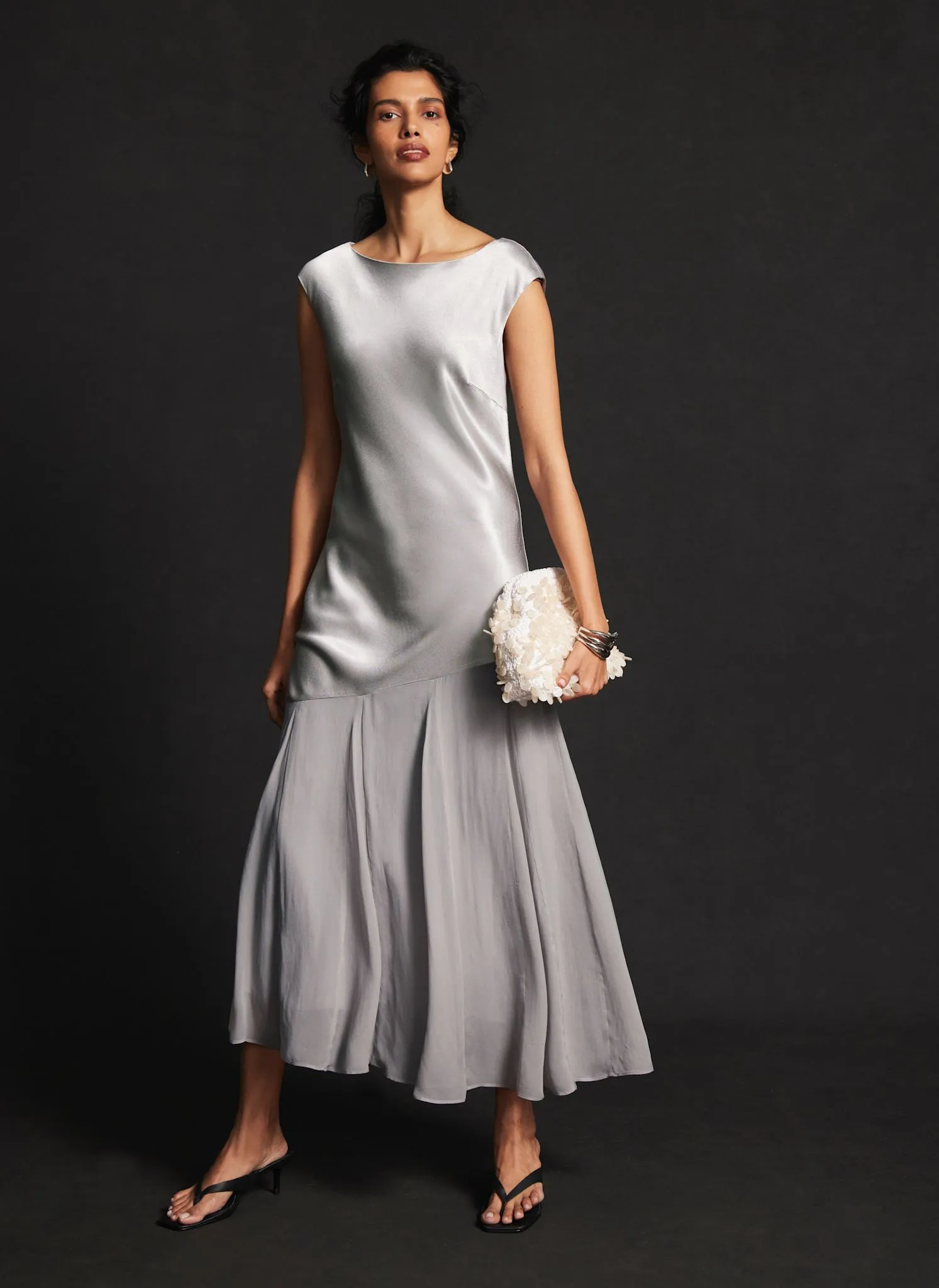 Silver Satin Mix Midi Dress sold by Mint Velvet