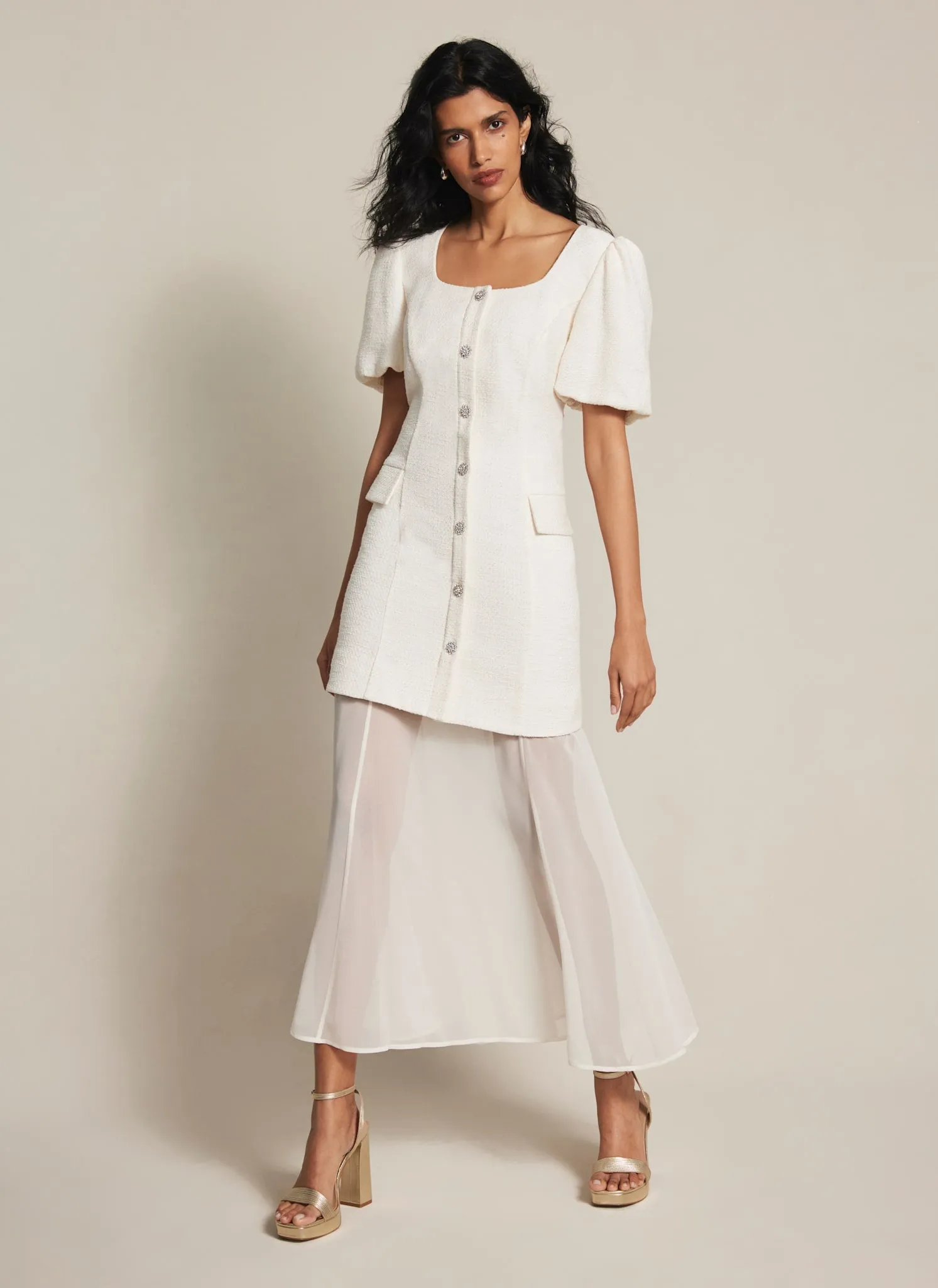 Cream Boucle Sheer Hem Maxi Dress sold by Mint Velvet