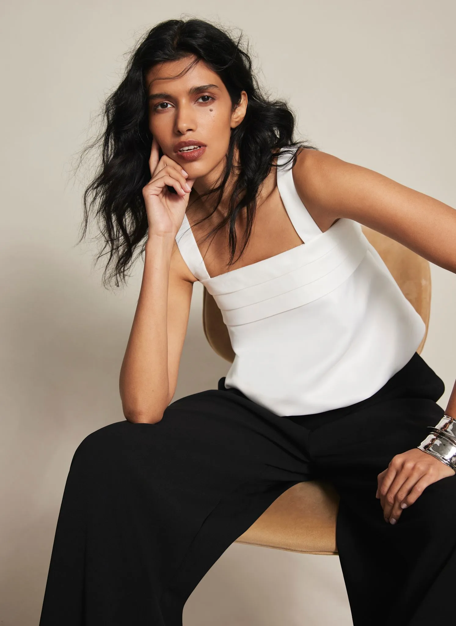 Cream Satin Pleat Detail Top sold by Mint Velvet