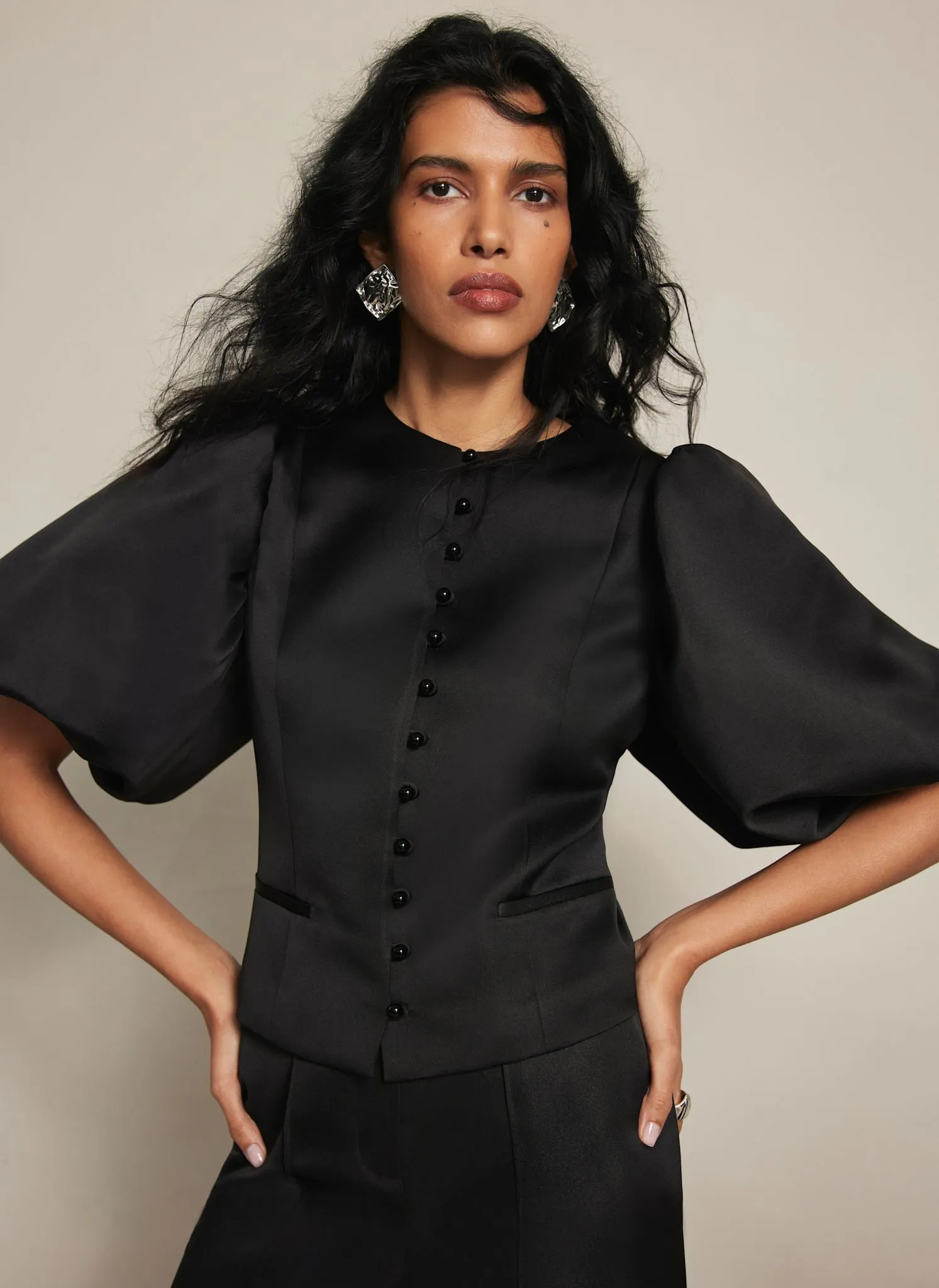 Black Puff Sleeve Satin Jacket sold by Mint Velvet