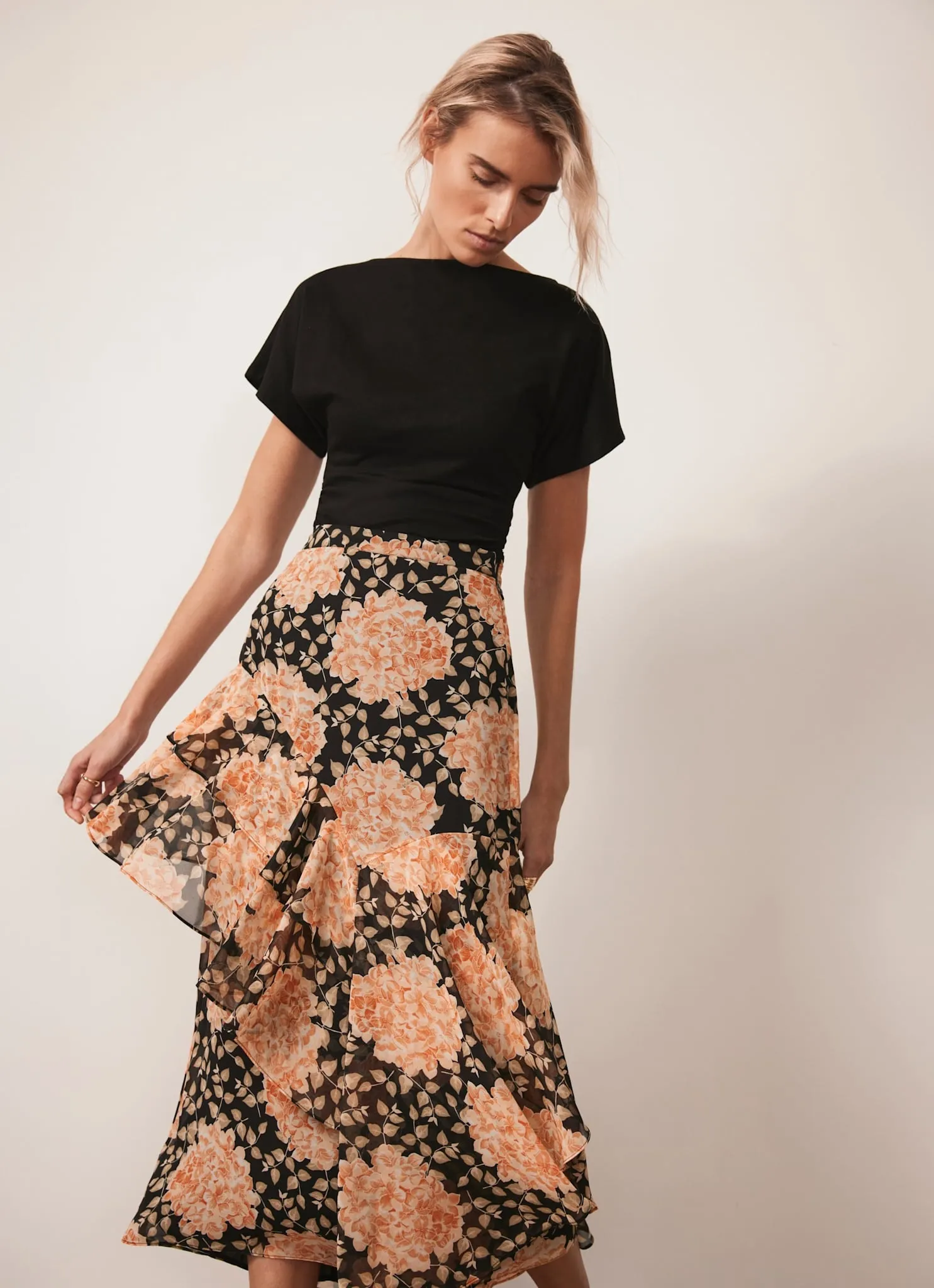 Orange Floral Print Midi Skirt sold by Mint Velvet