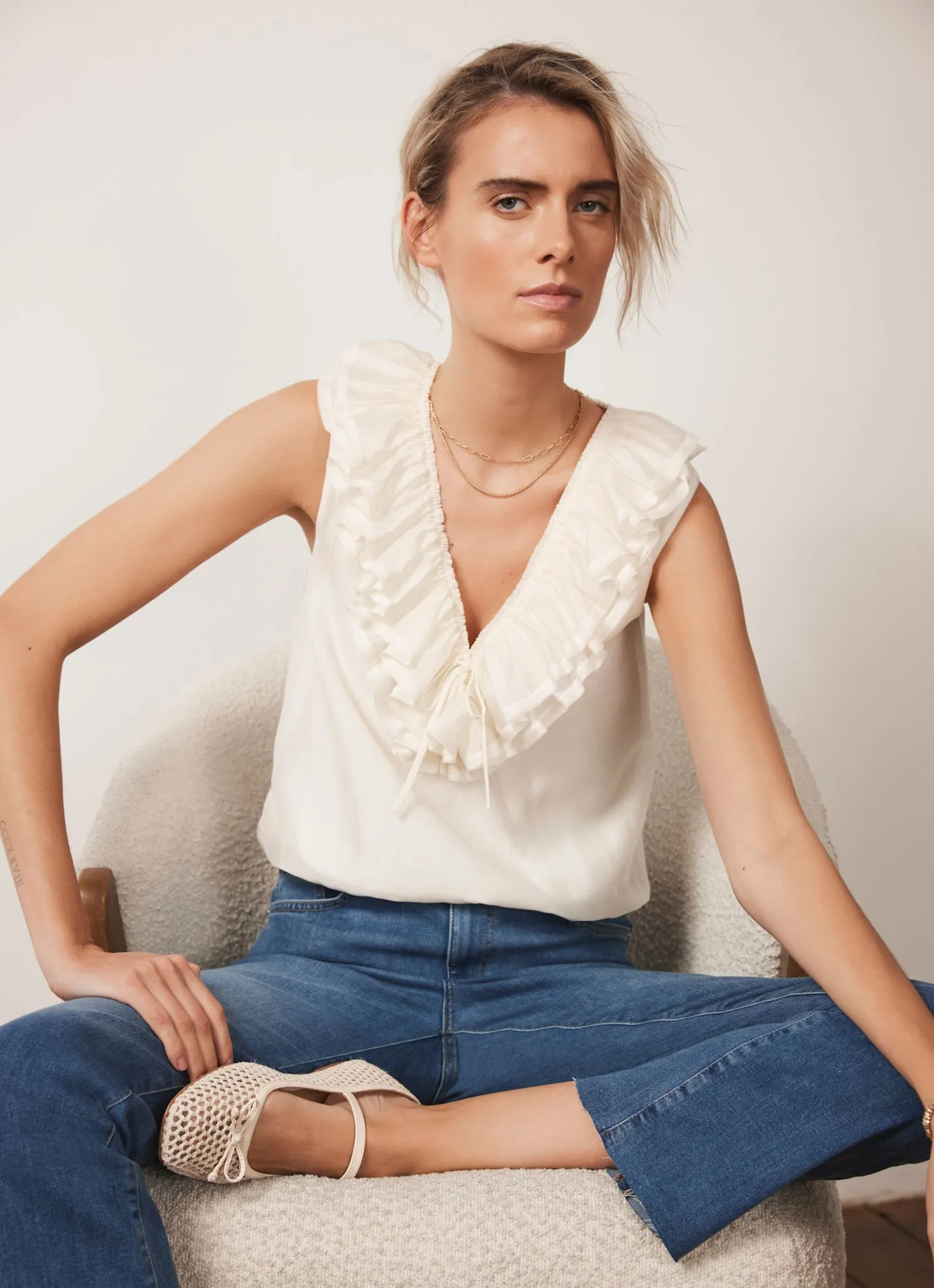 Cream Ruffle Front Top sold by Mint Velvet