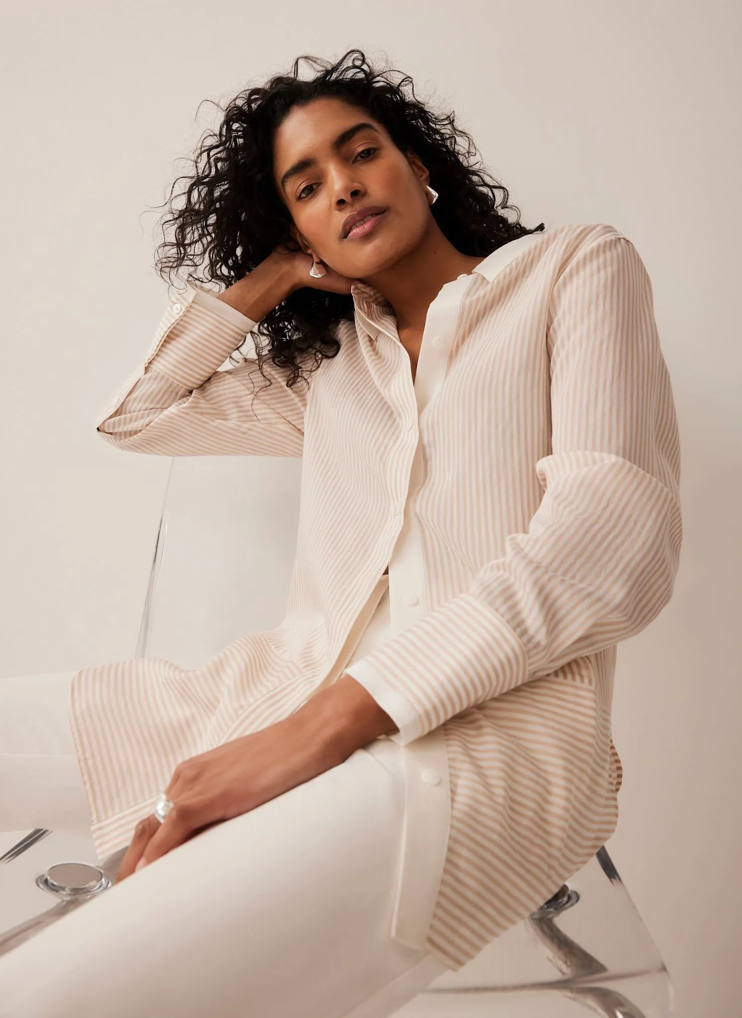 Neutral Striped Longline Shirt sold by Mint Velvet product image thumbnail 2