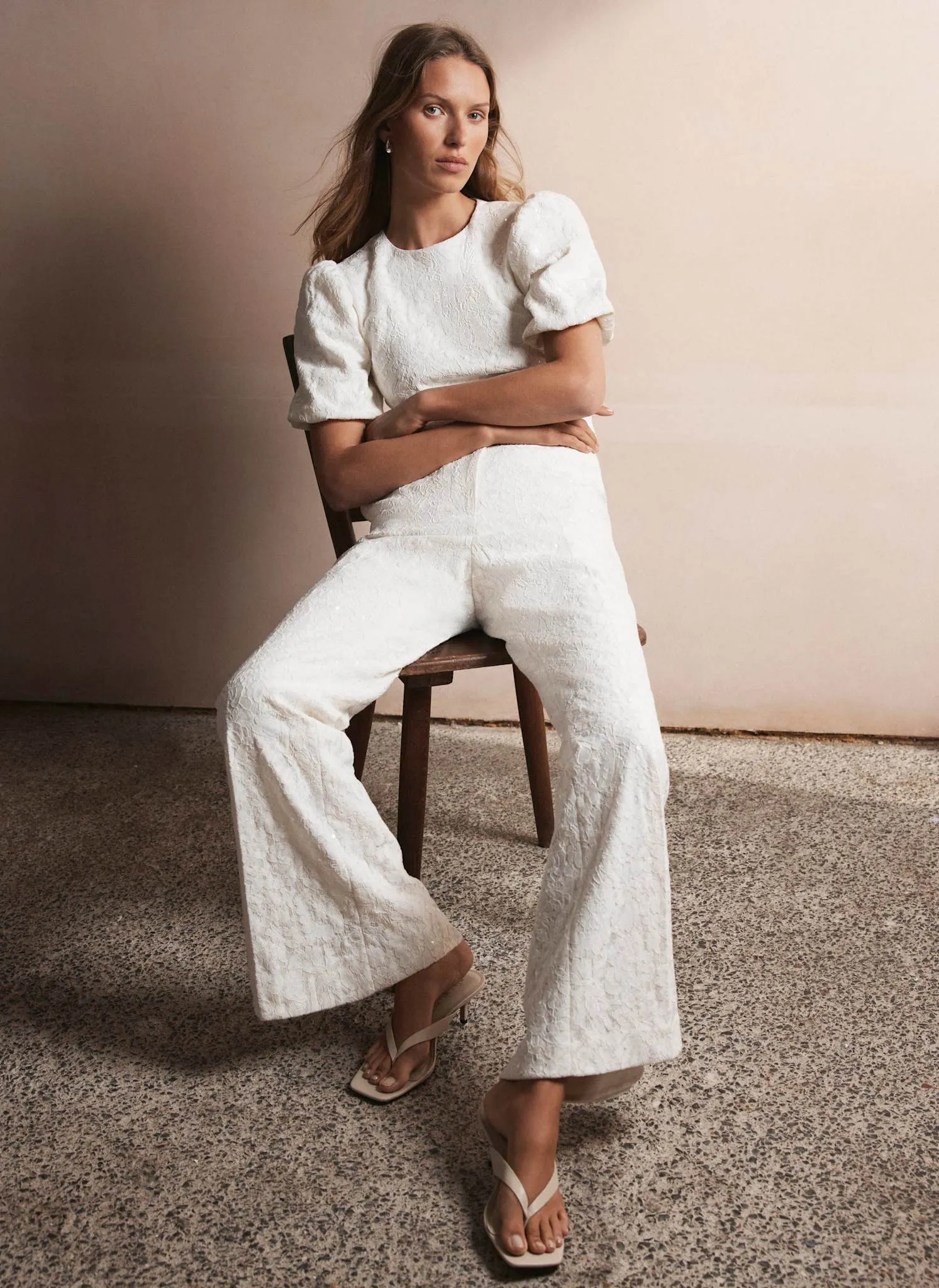 Cream Sequin Lace Flared Trousers sold by Mint Velvet