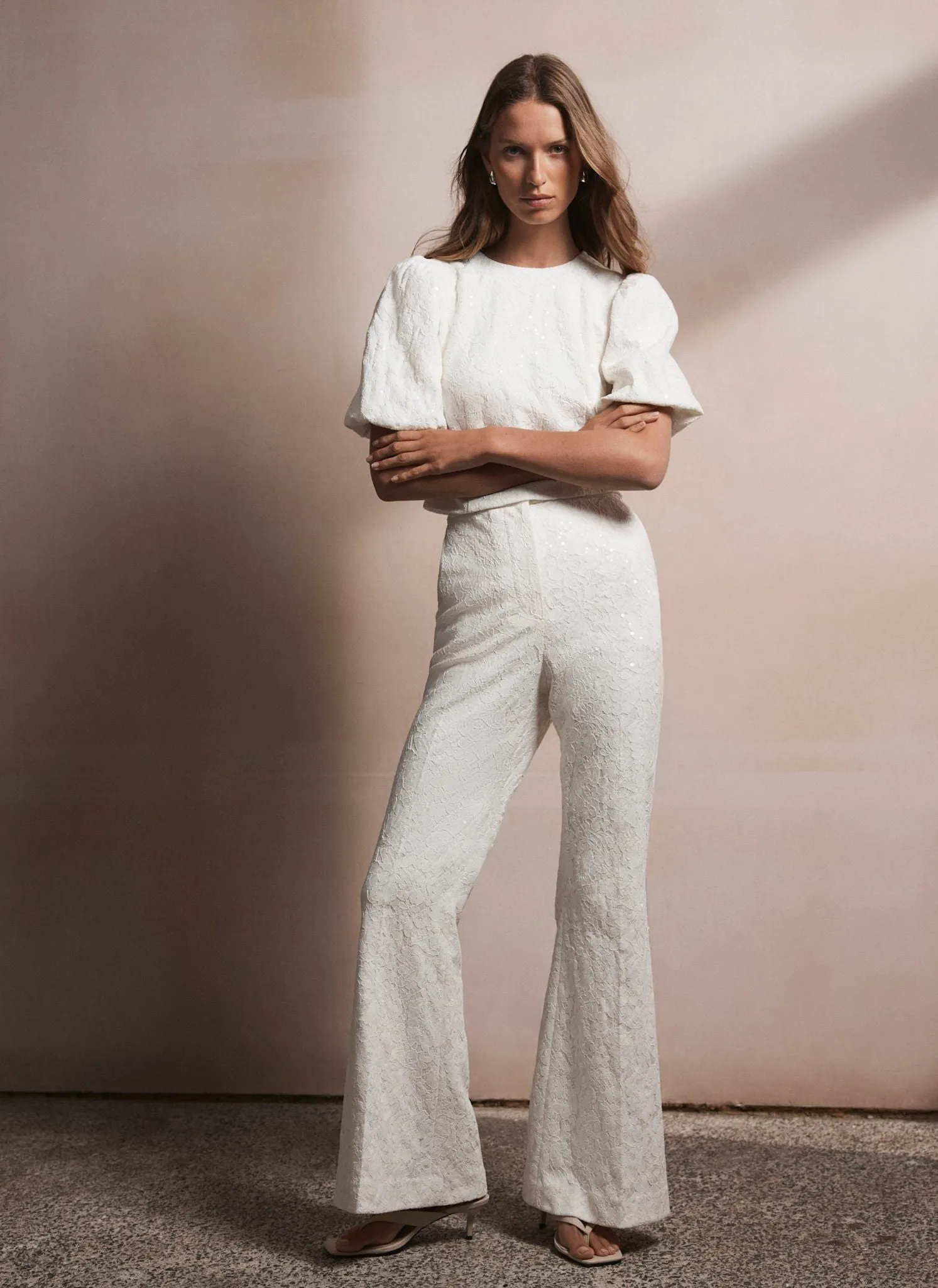 Cream Sequin Lace Flared Trousers sold by Mint Velvet product image thumbnail 3