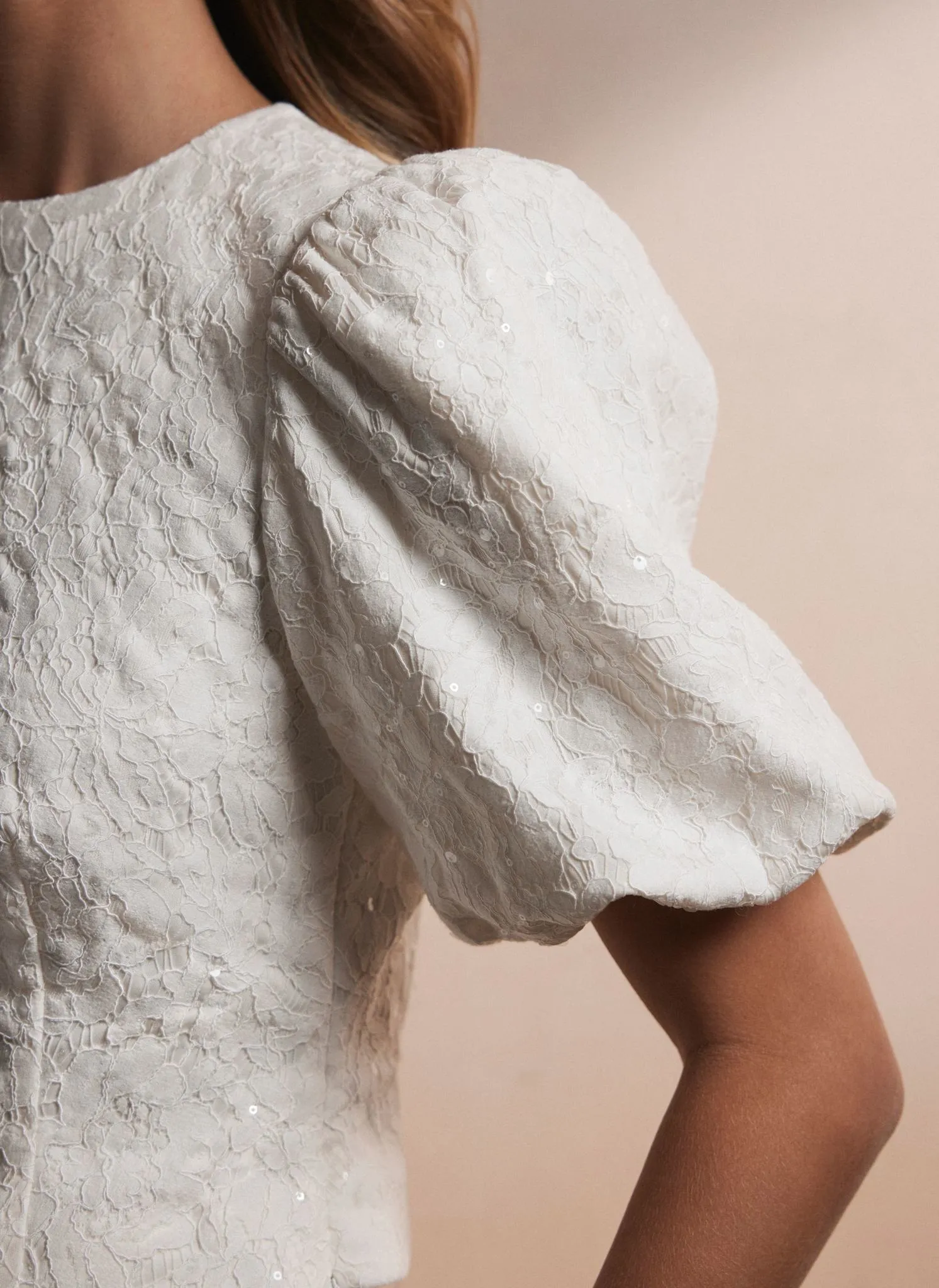 Cream Sequin Lace Puff Sleeve Top sold by Mint Velvet product image thumbnail 3