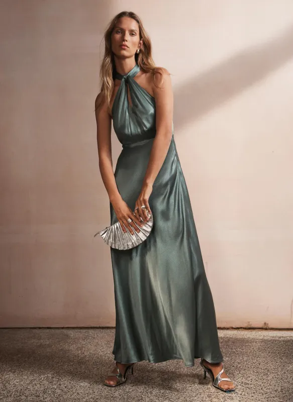 Teal Satin Halter Maxi Dress sold by Mint Velvet