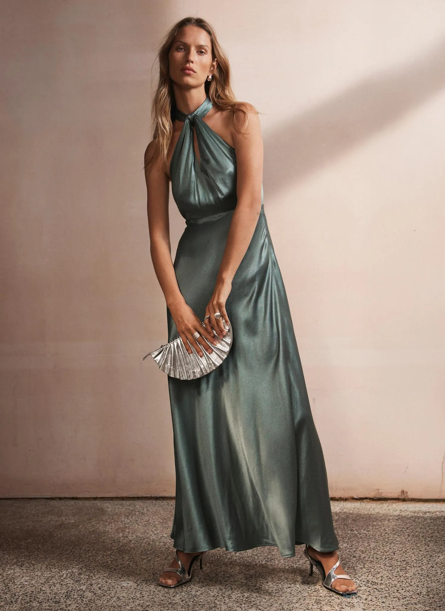 Teal Satin Halter Maxi Dress sold by Mint Velvet