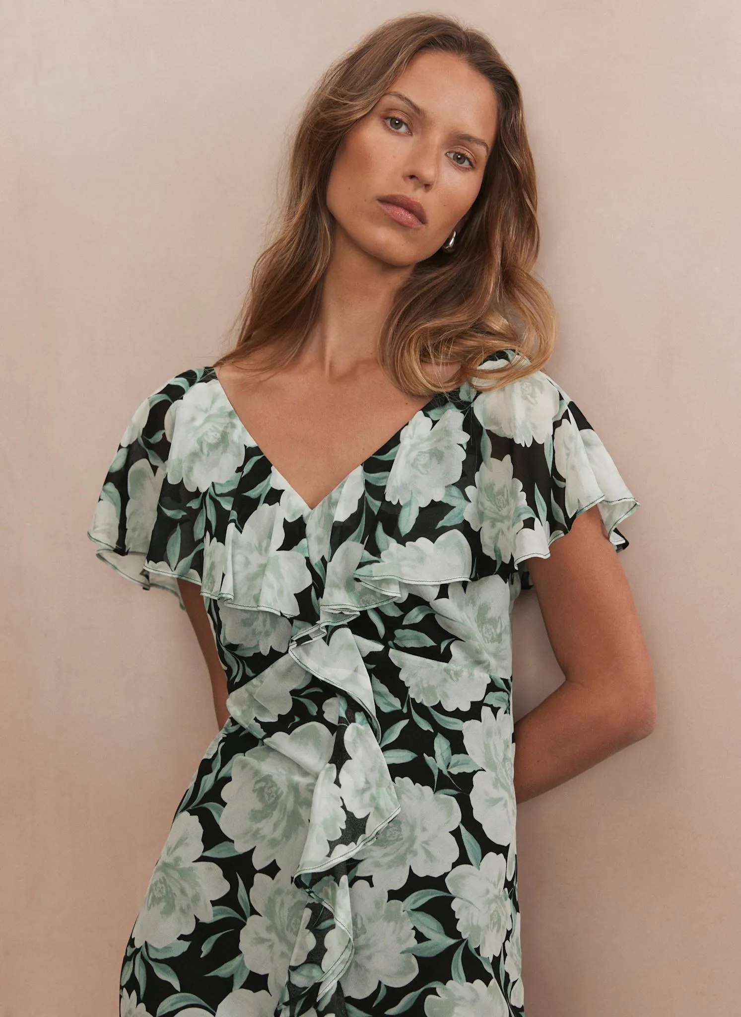 Green Floral Print Ruffle Midi Dress sold by Mint Velvet product image thumbnail 4