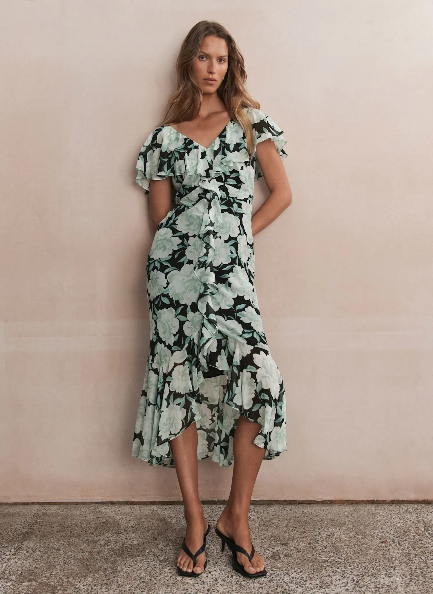 Green Floral Print Ruffle Midi Dress sold by Mint Velvet