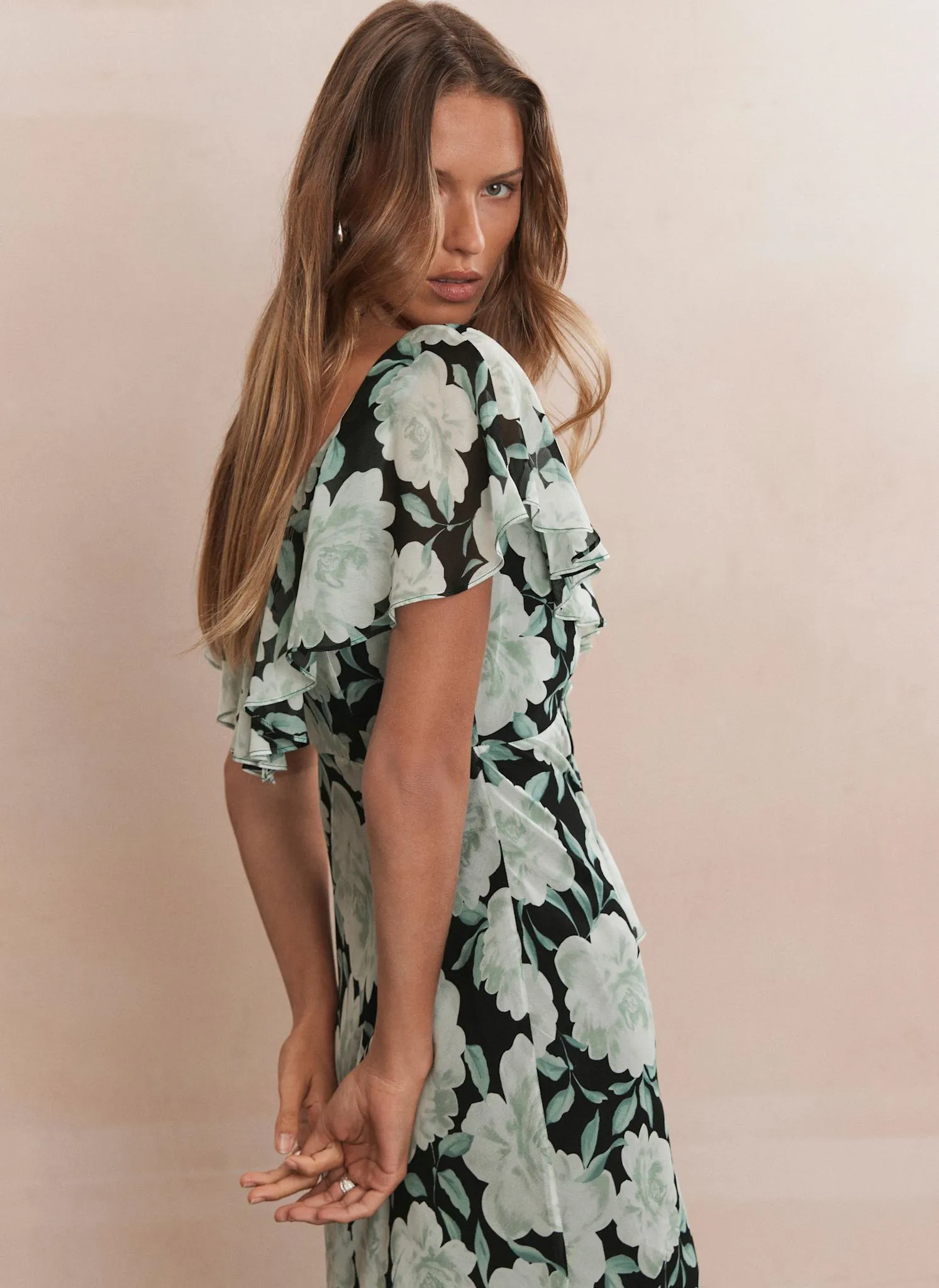 Green Floral Print Ruffle Midi Dress sold by Mint Velvet product image thumbnail 3