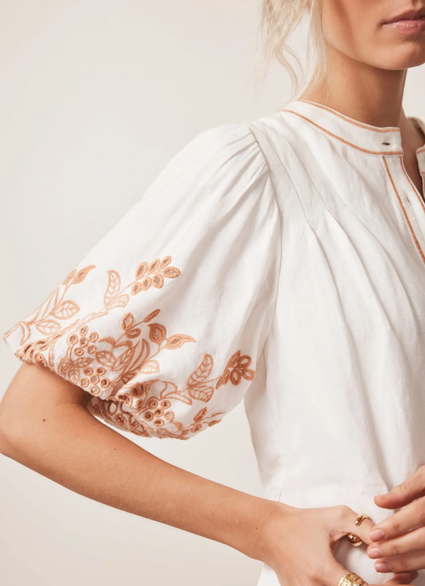 White Linen Blend Broderie Mini Dress sold by Mint Velvet product image thumbnail 5